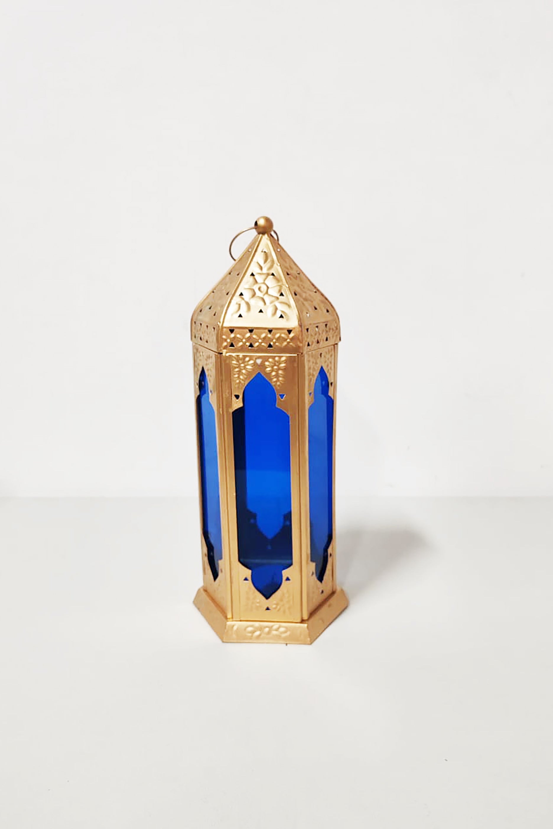 Gold Metal Lantern (Blue Glass)