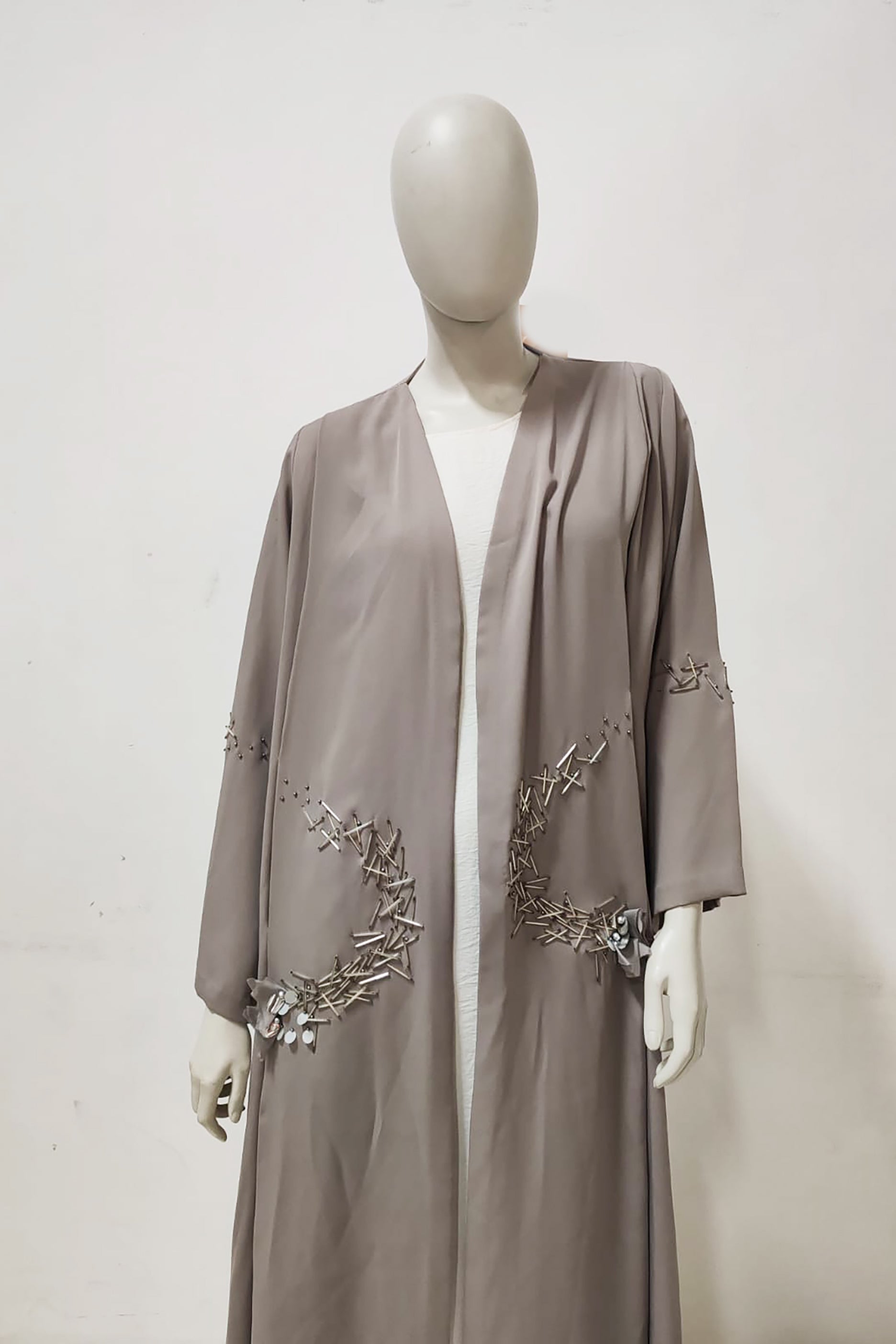 Grey Satin Abaya with Beadwork