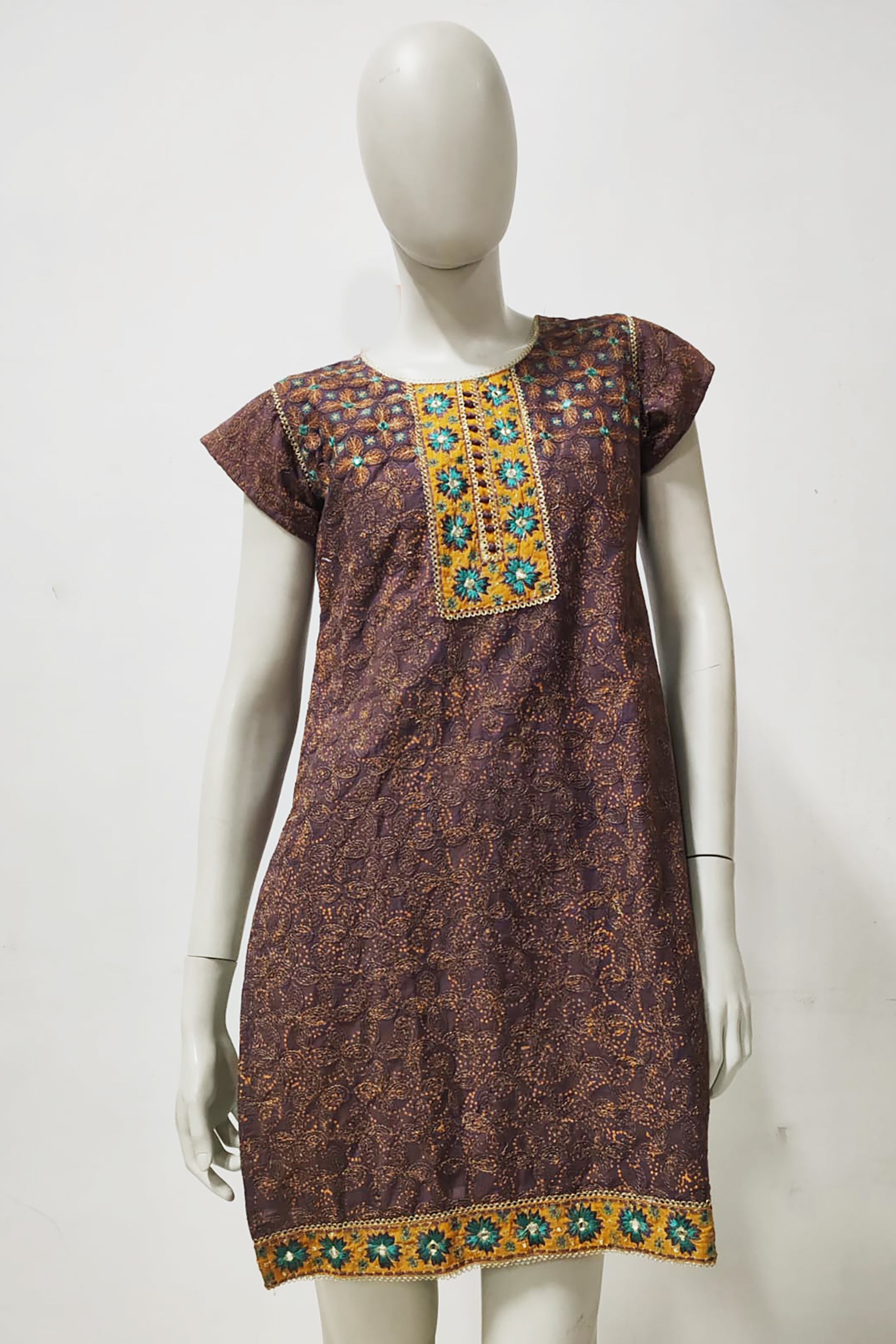 Brown Short Linen Dress with Embroidery