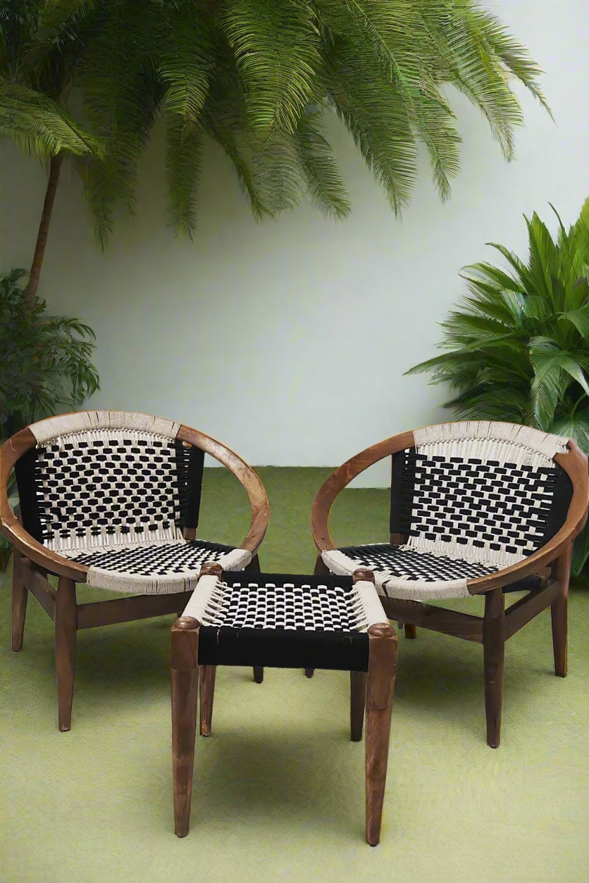 WOODEN BLACK & WHITE CROCHET BOHO LOUNGE CHAIR AND STOOL SET