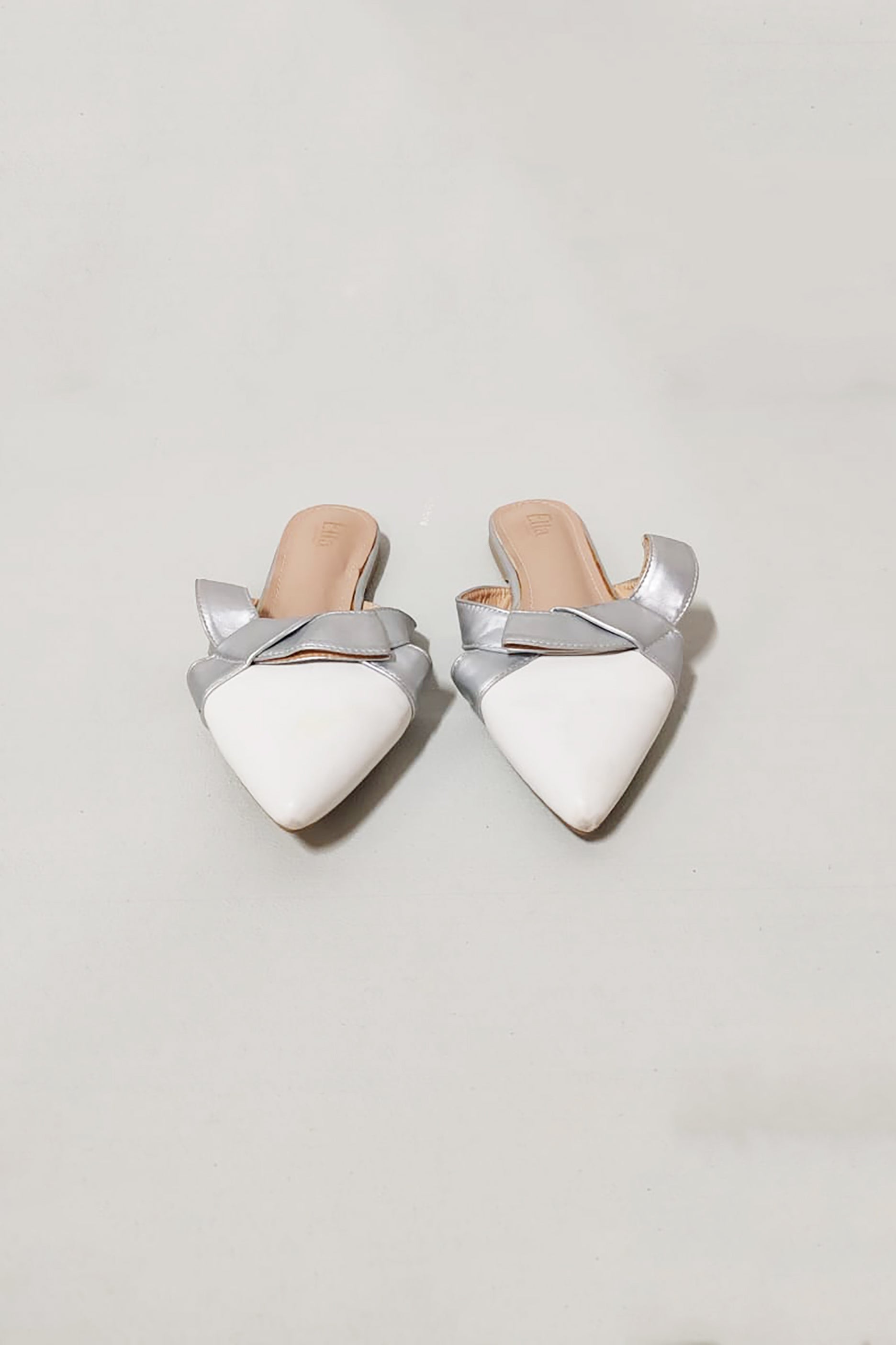 White and Silver Pointed Toe Flat Mules