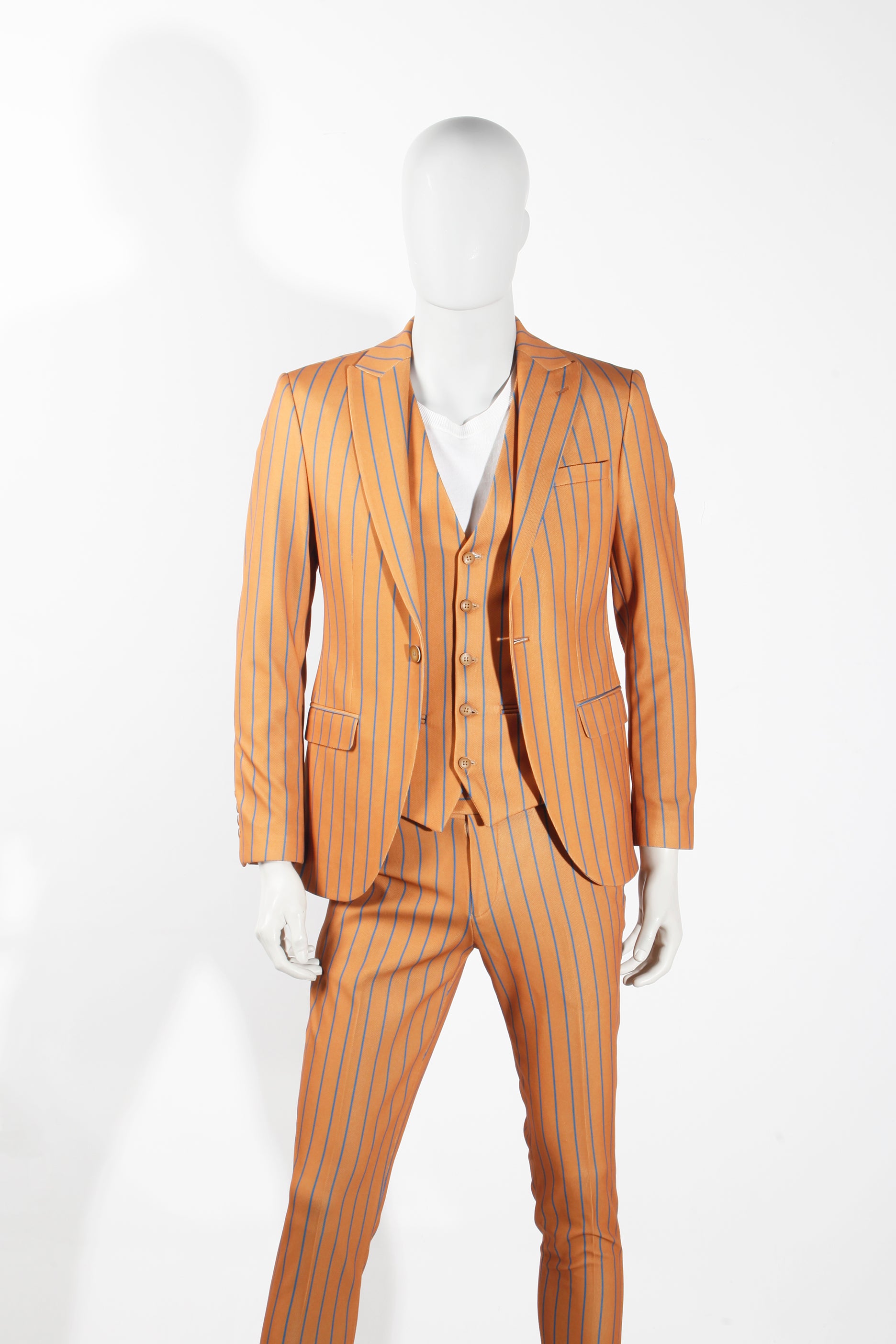 Mens Orange 3-piece Pinstriped Formal Suit (Eu46)