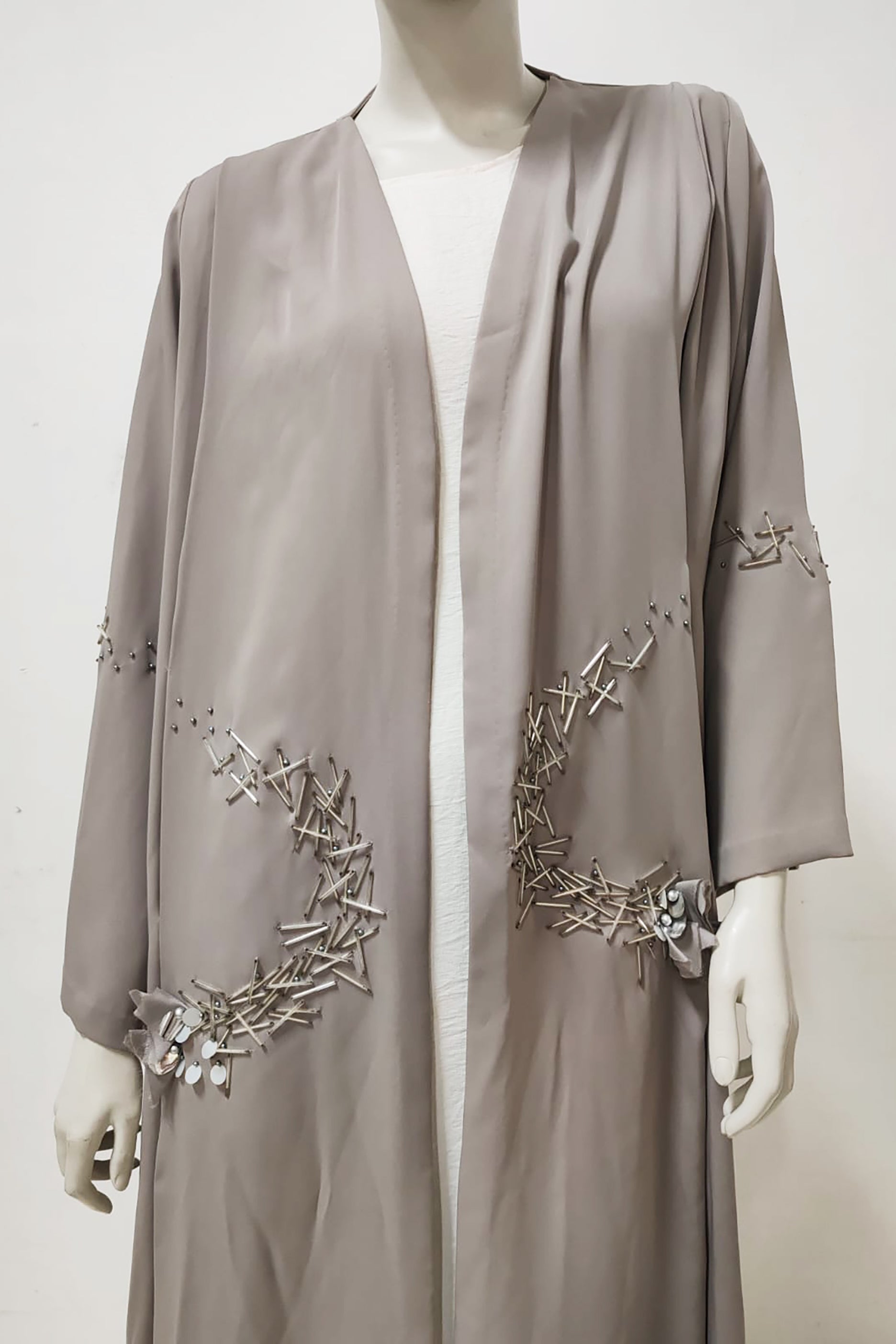 Grey Satin Abaya with Beadwork
