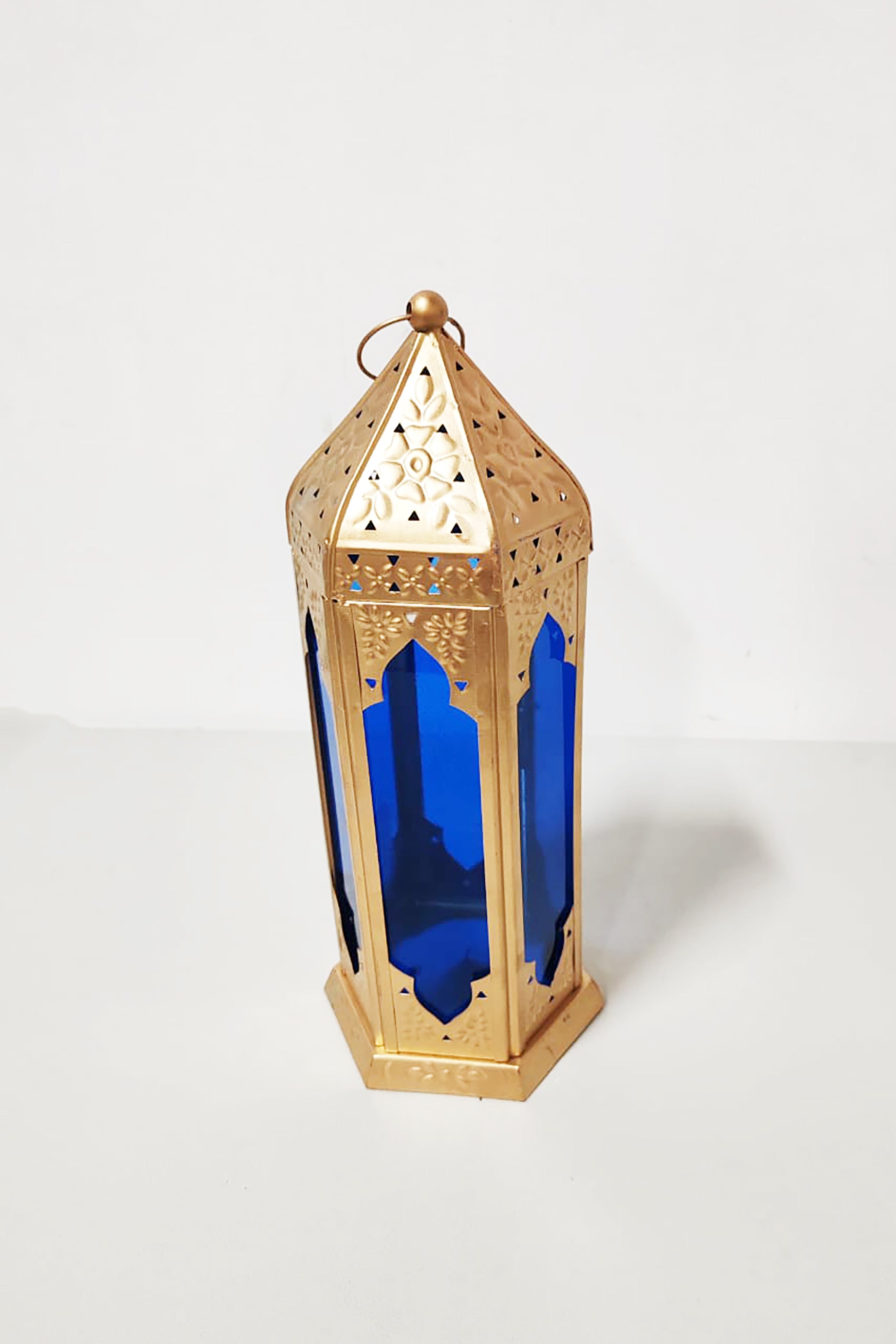 Gold Metal Lantern (Blue Glass)