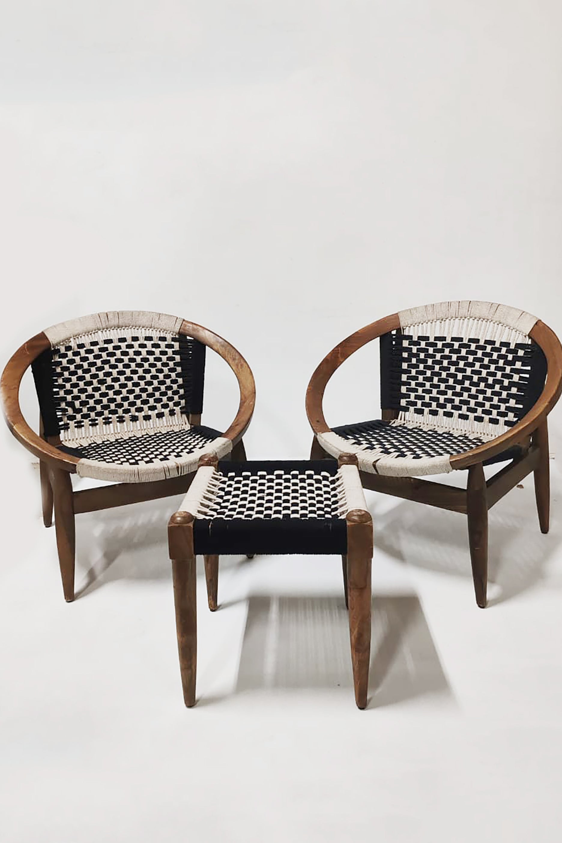 WOODEN BLACK & WHITE CROCHET BOHO LOUNGE CHAIR AND STOOL SET