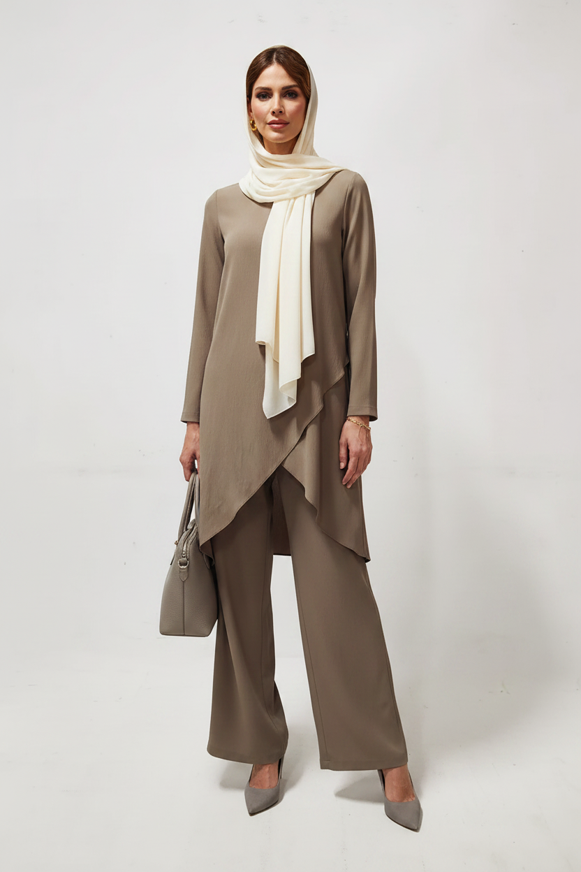 Khaki Woven High-Low Modest Co-Ord Set – ProppedUpRentals