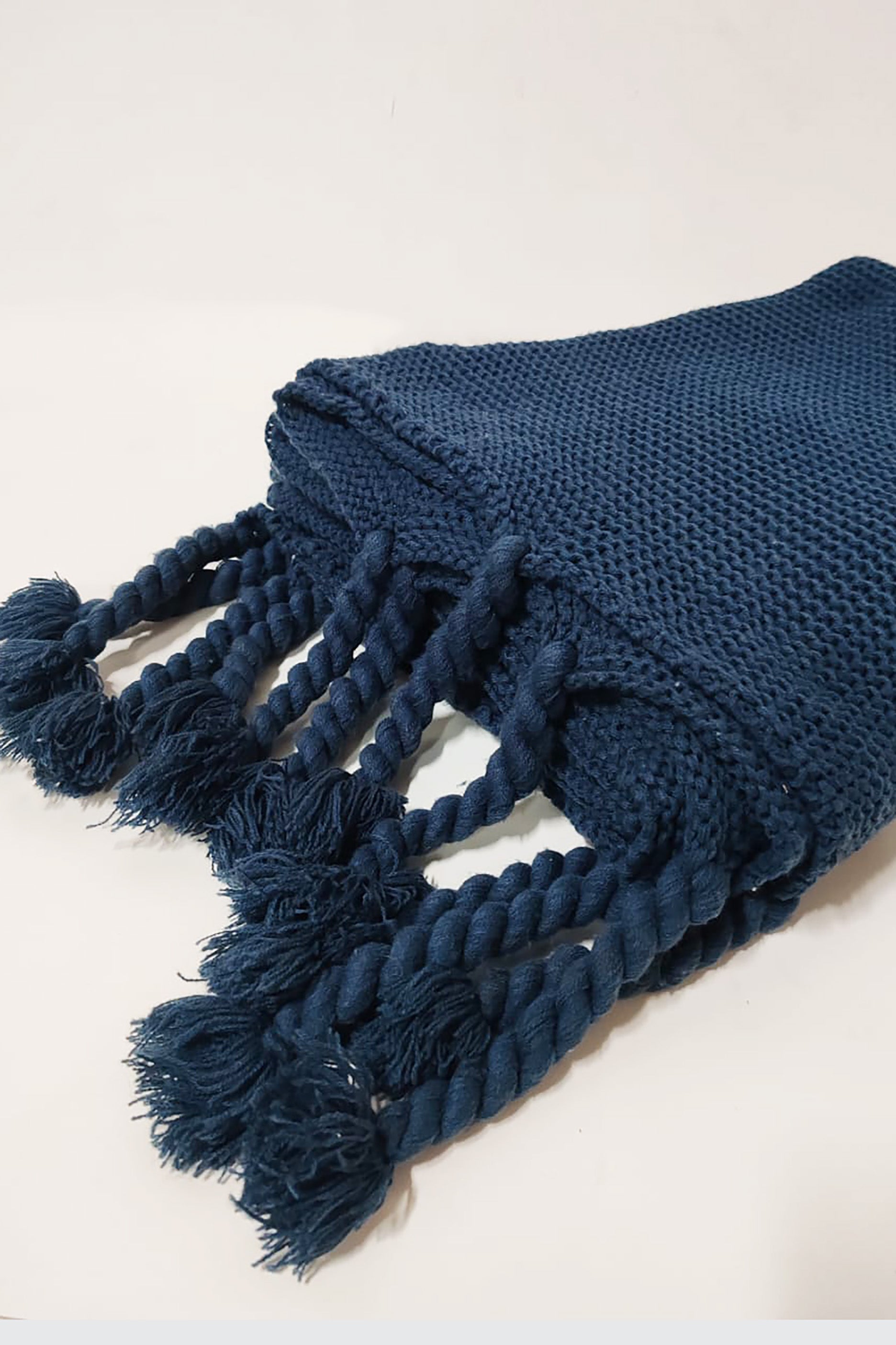 Deep Blue Throw Blanket with Tassels