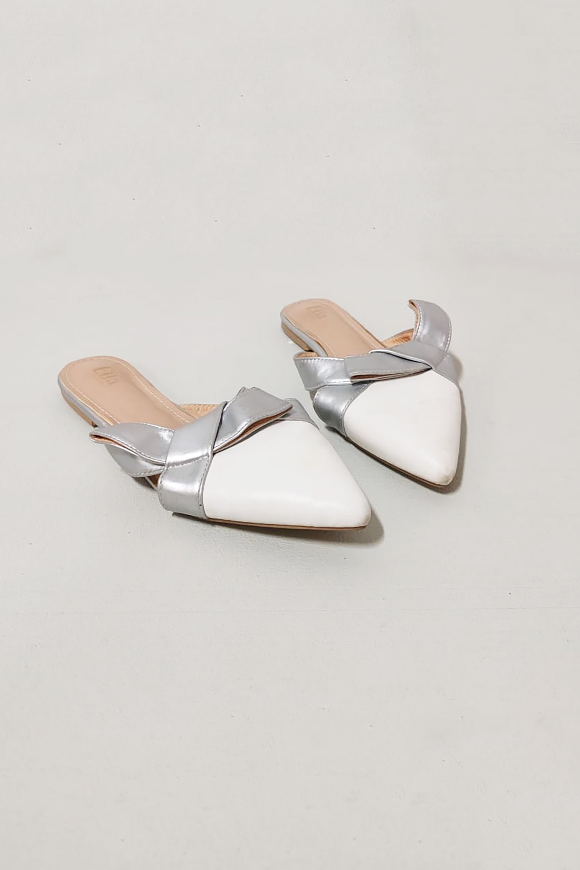 White and Silver Pointed Toe Flat Mules