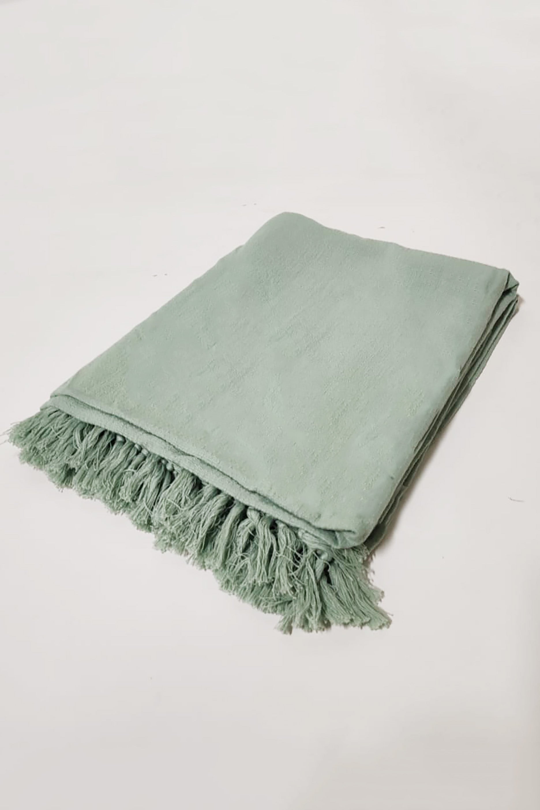 Green Cotton Throw Blanket with Tassels