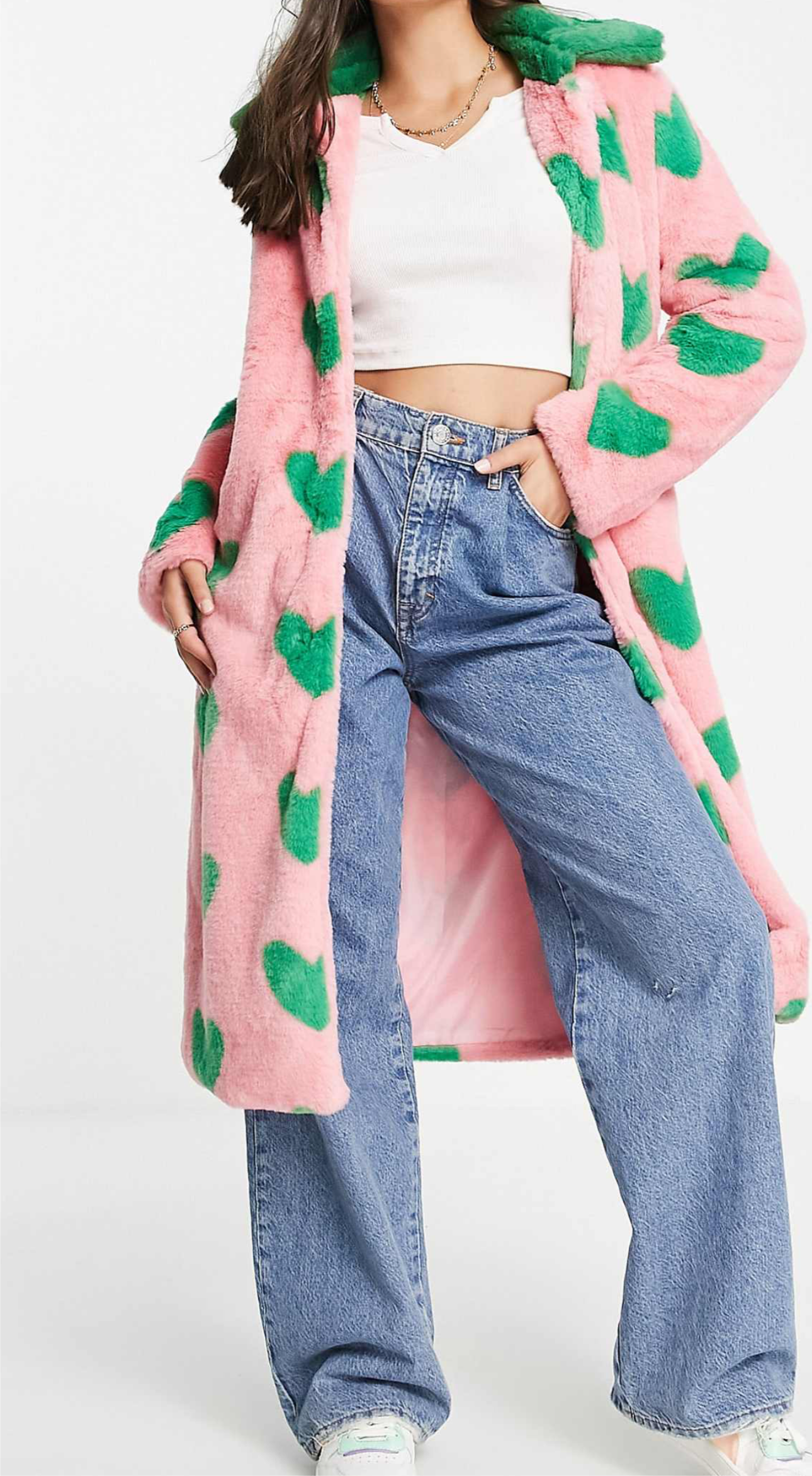 Pink fur coat with green hearts