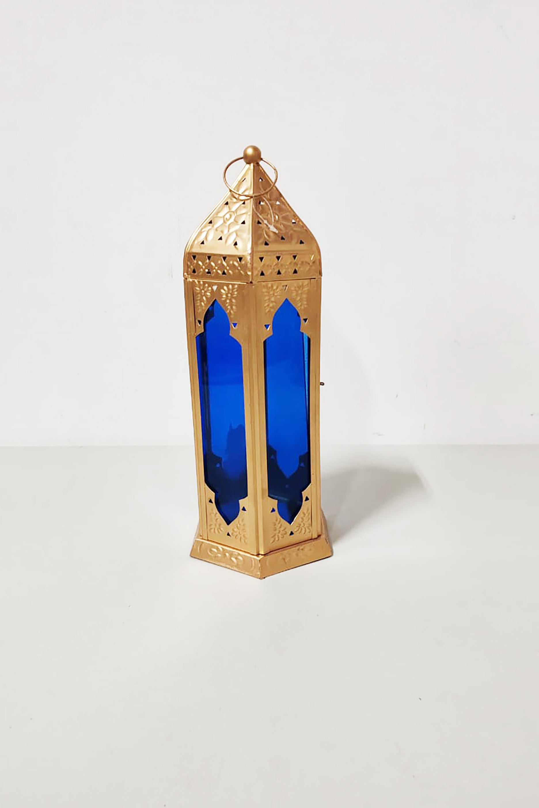 Gold Metal Lantern (Blue Glass)