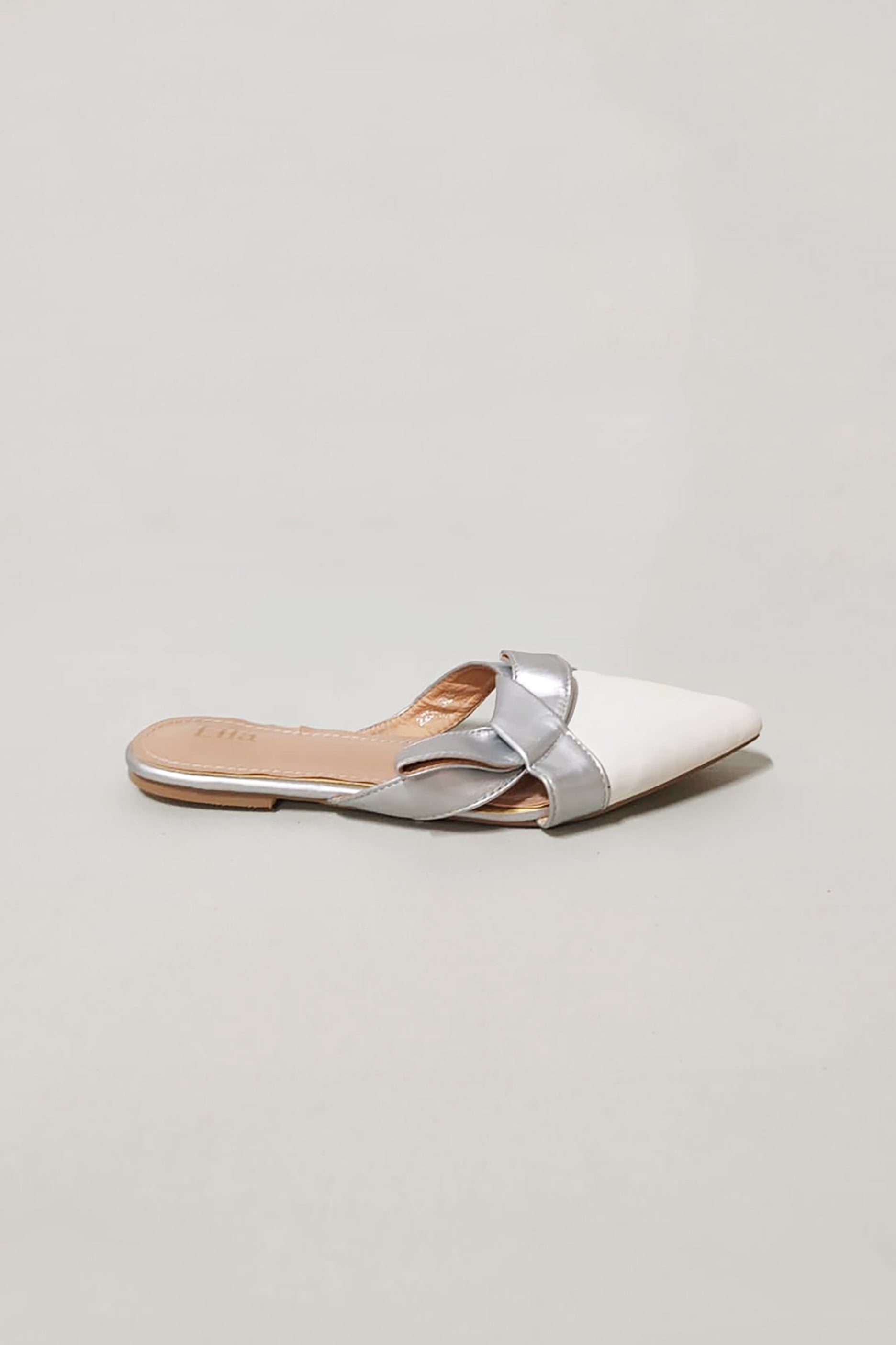 White and Silver Pointed Toe Flat Mules
