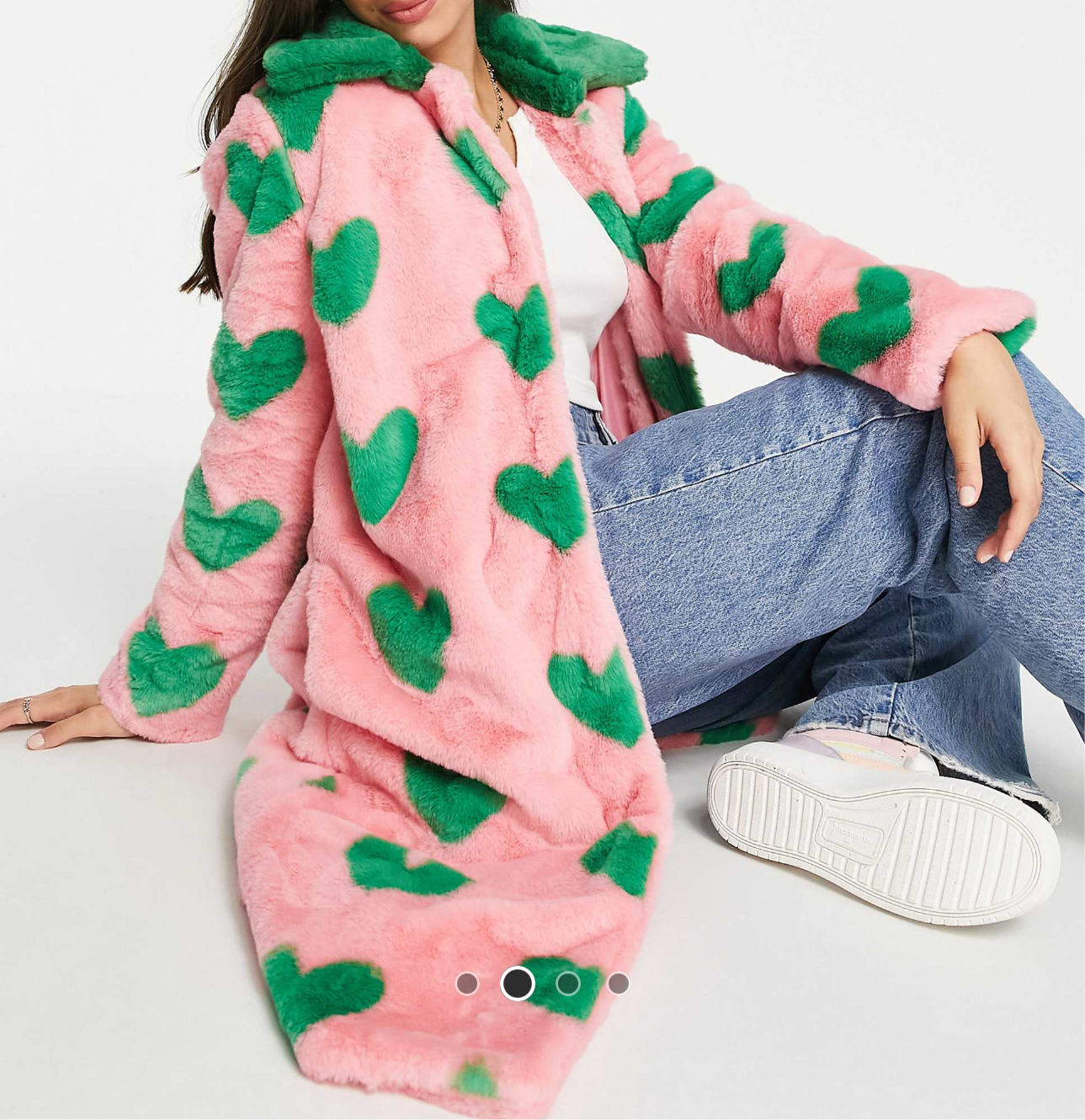 Pink fur coat with green hearts