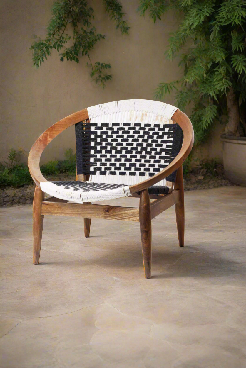 WOODEN BLACK & WHITE CROCHET BOHO LOUNGE CHAIR AND STOOL SET
