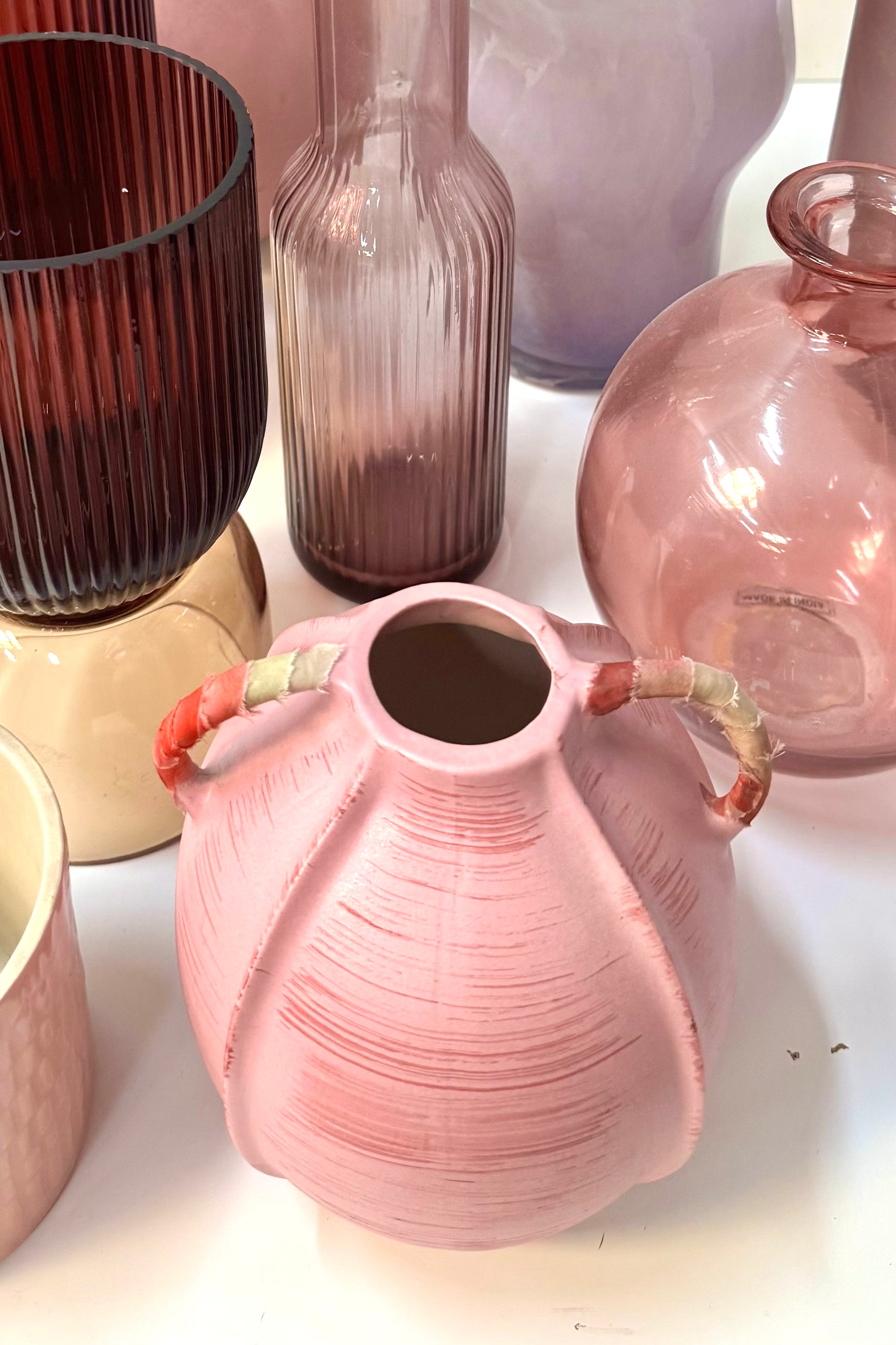 Small Pink Round Ceramic Vase with Handles