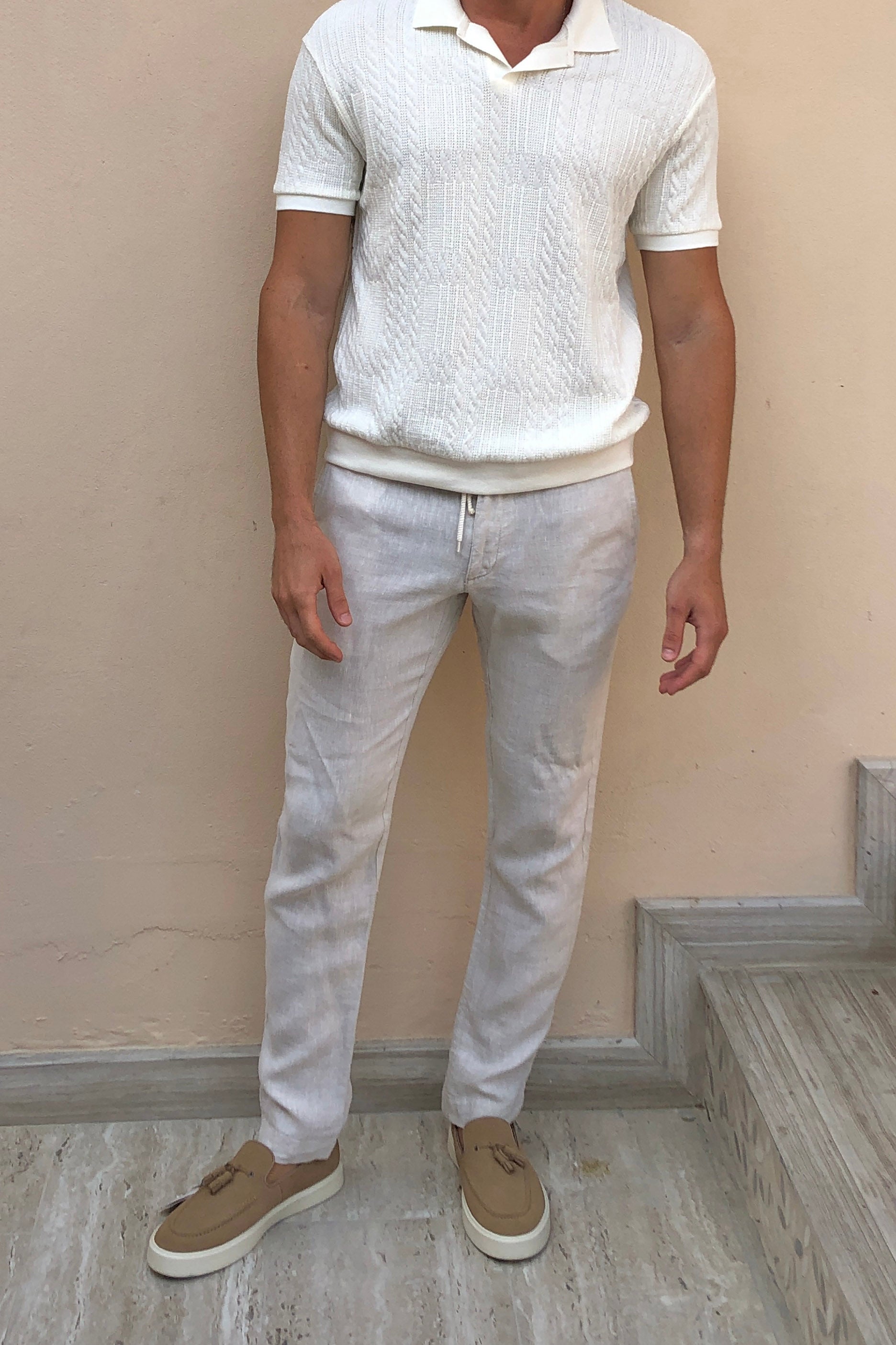 Mens Smart-Casual Light Beige Linen Trousers