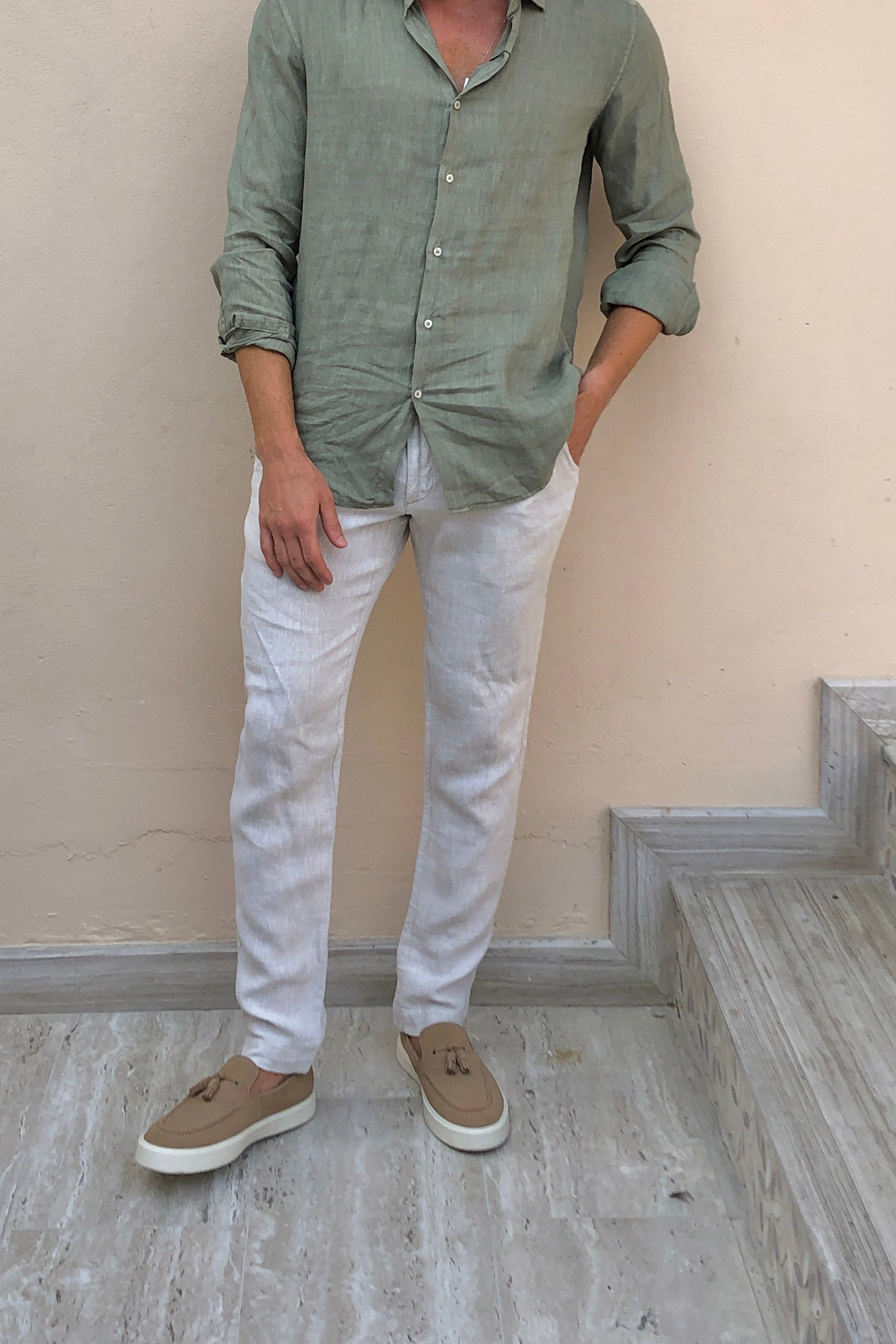 Mens Smart-Casual Light Beige Linen Trousers