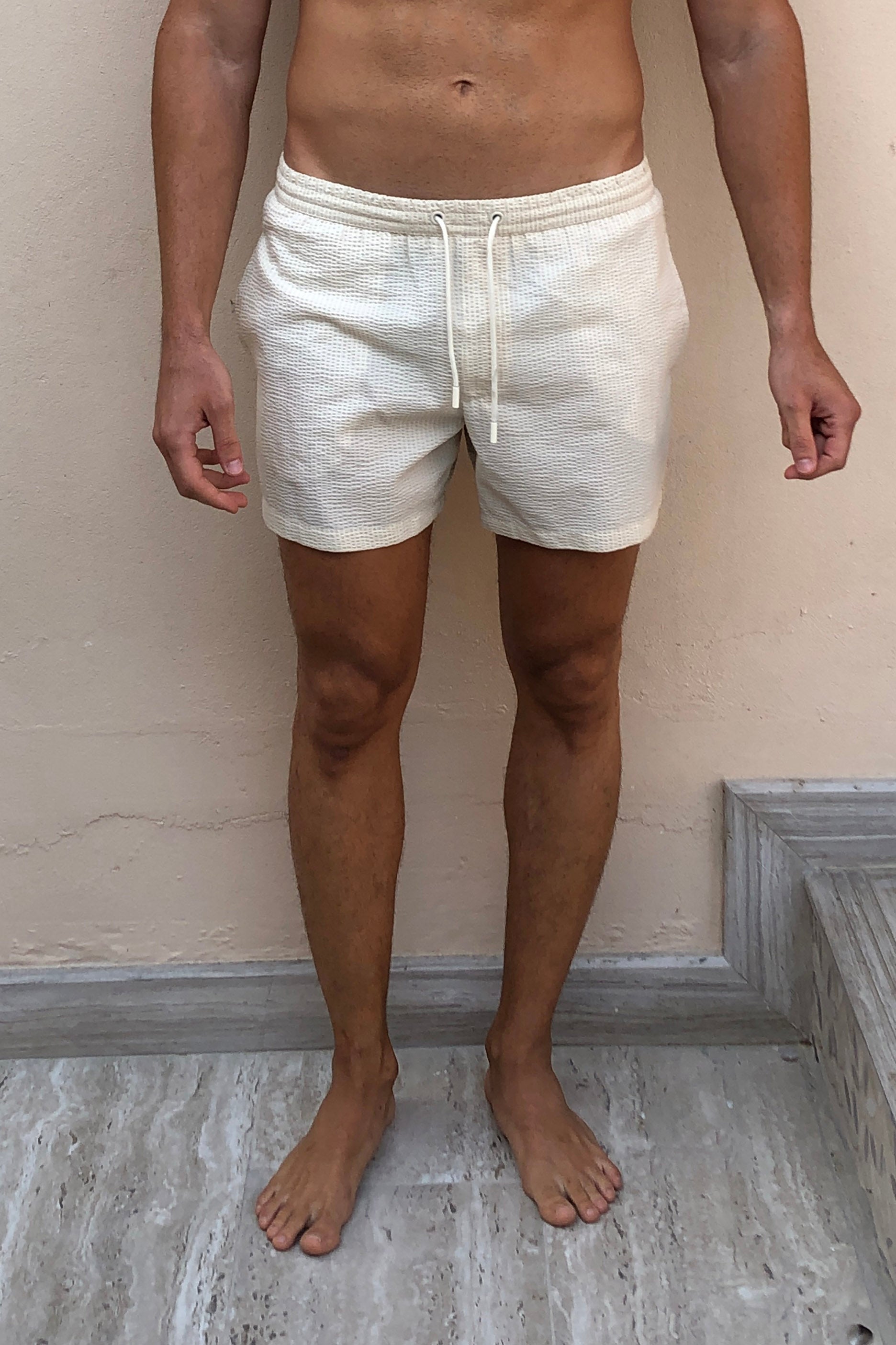 Cream Seersucker Drawstring Shorts (Medium)