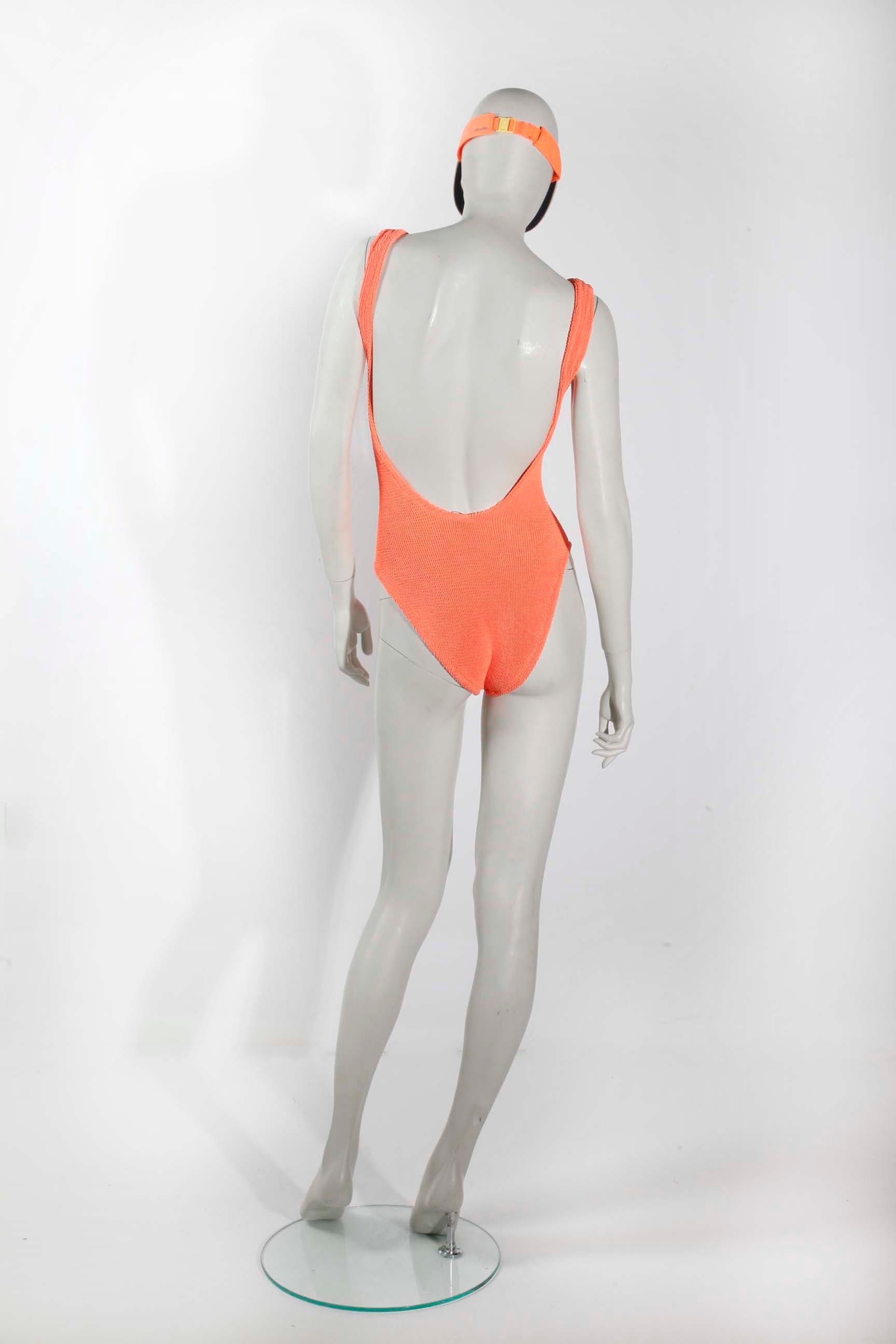 Neon Orange Seersucker Swimsuit (Small)