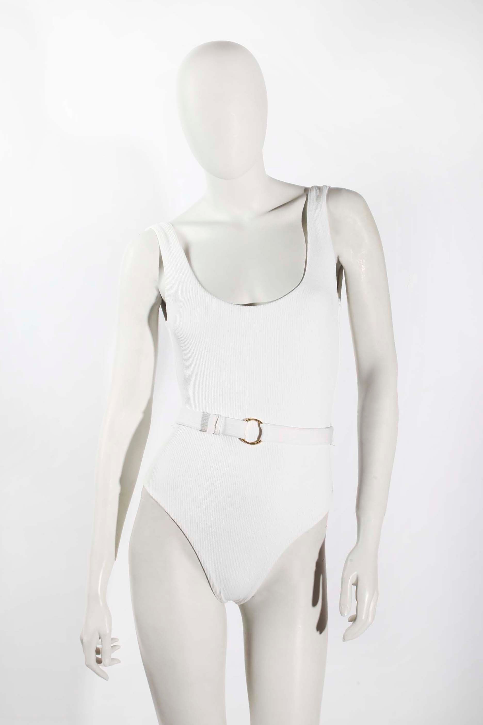 White Seersucker Belted Swimsuit (Small)
