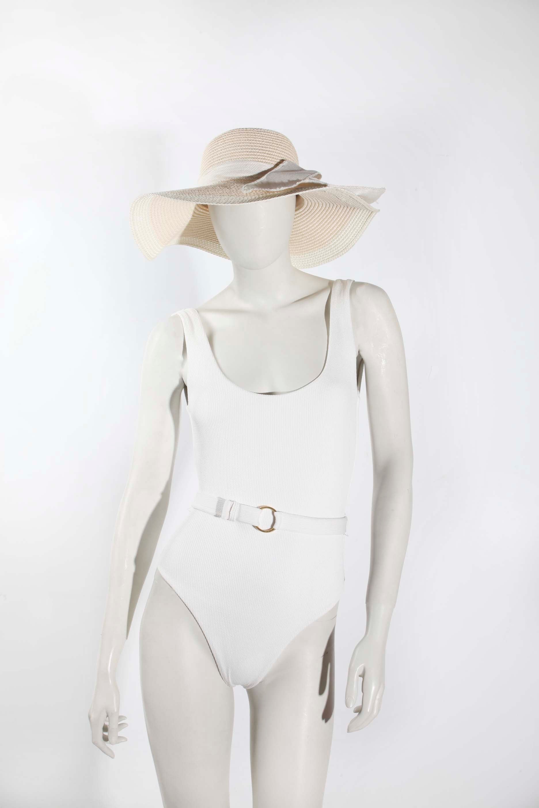 White Seersucker Belted Swimsuit (Small)