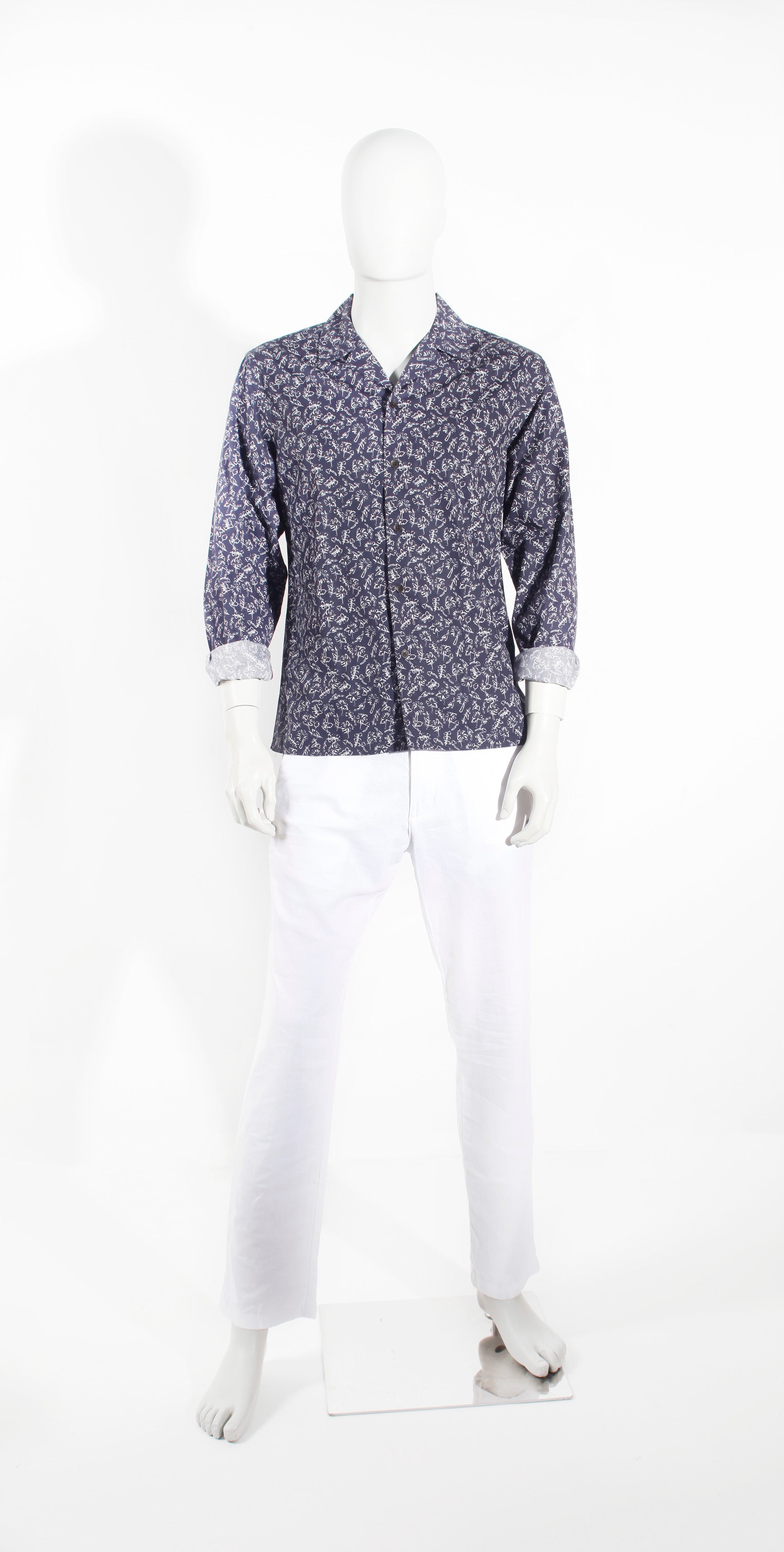 Mens Navy Blue Palm Print Shirt (Medium)