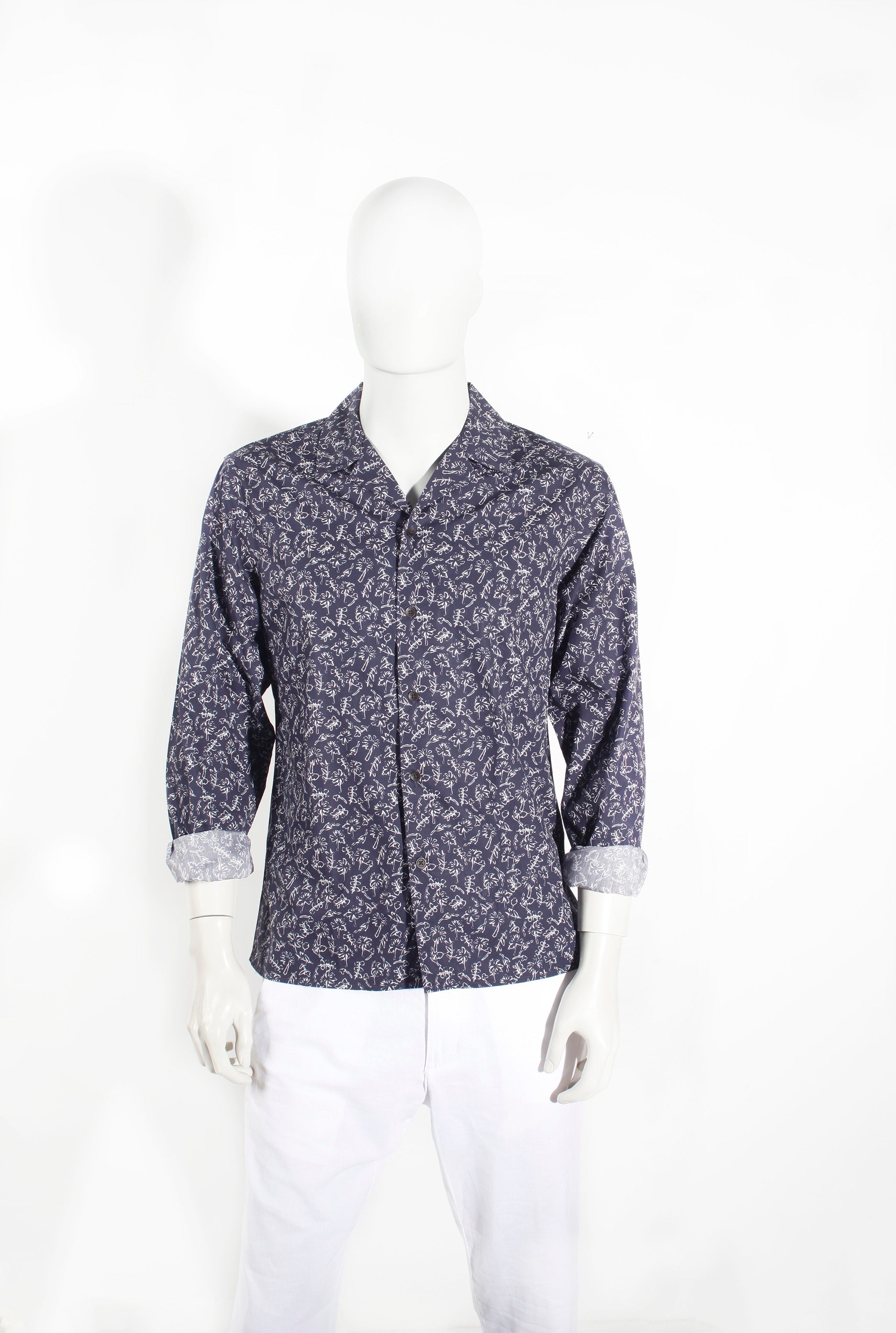 Mens Navy Blue Palm Print Shirt (Medium)