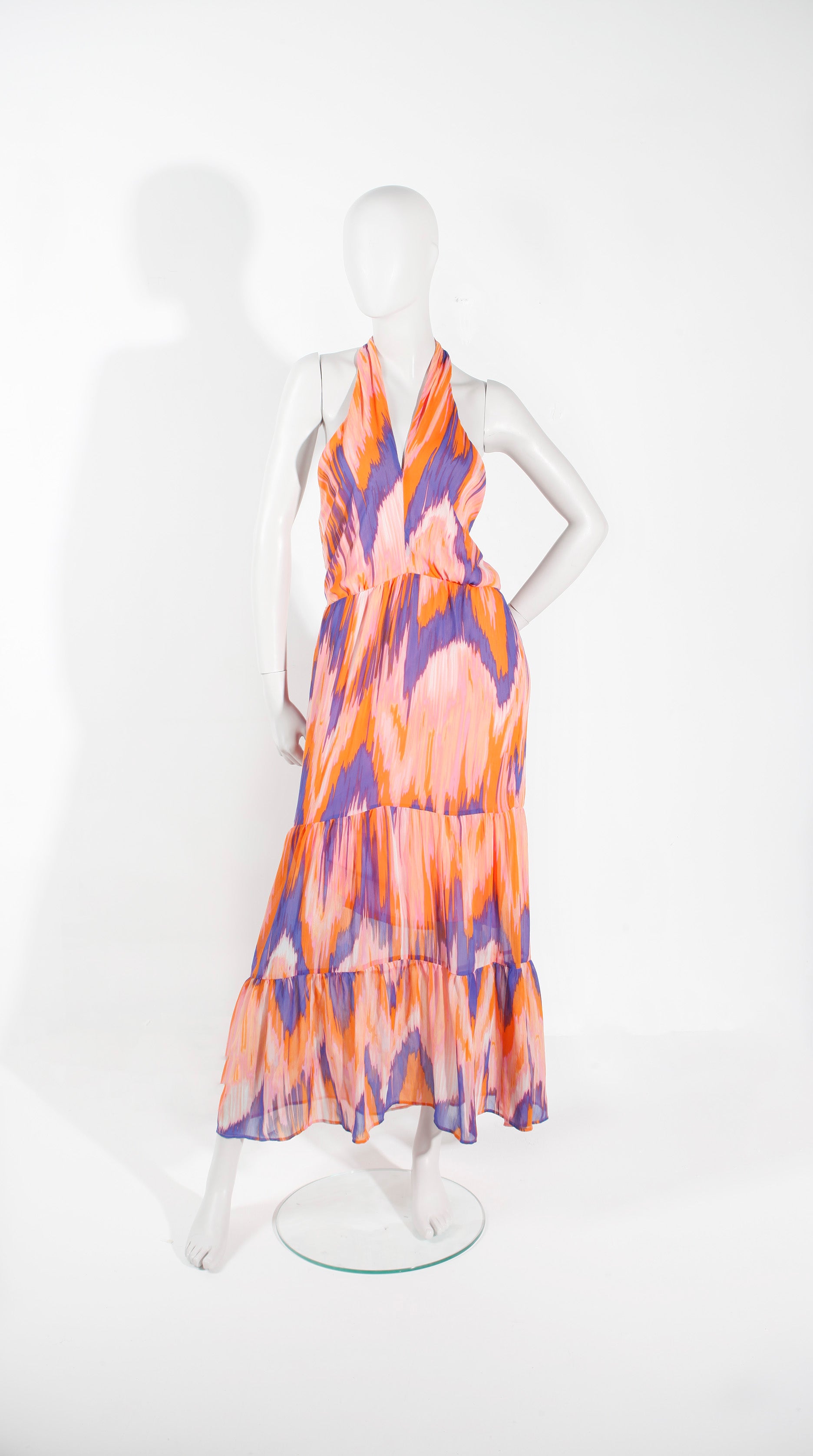 Halterneck Pink Orange Print Dress (Small)