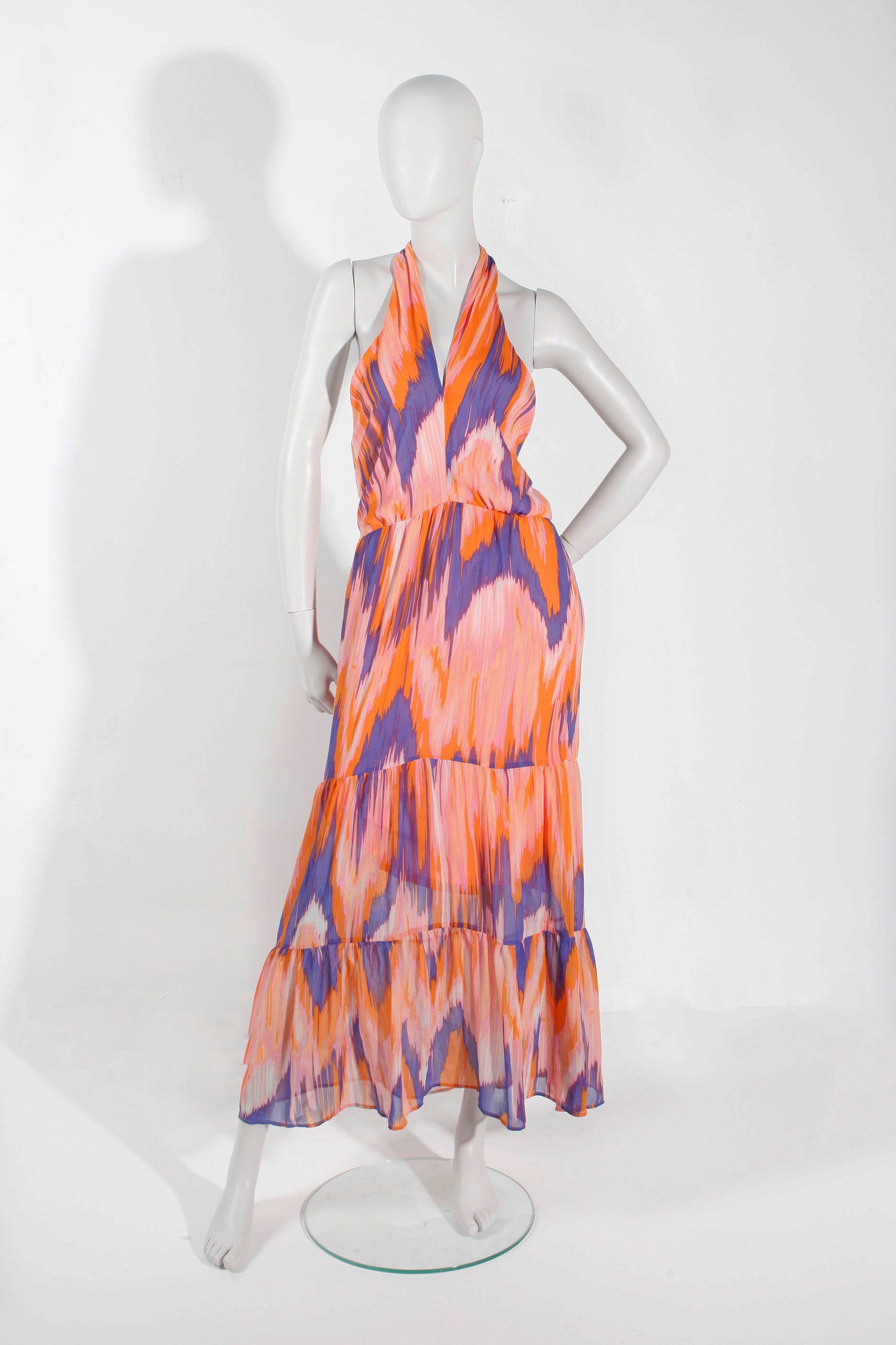 Halterneck Pink Orange Print Dress (Small)