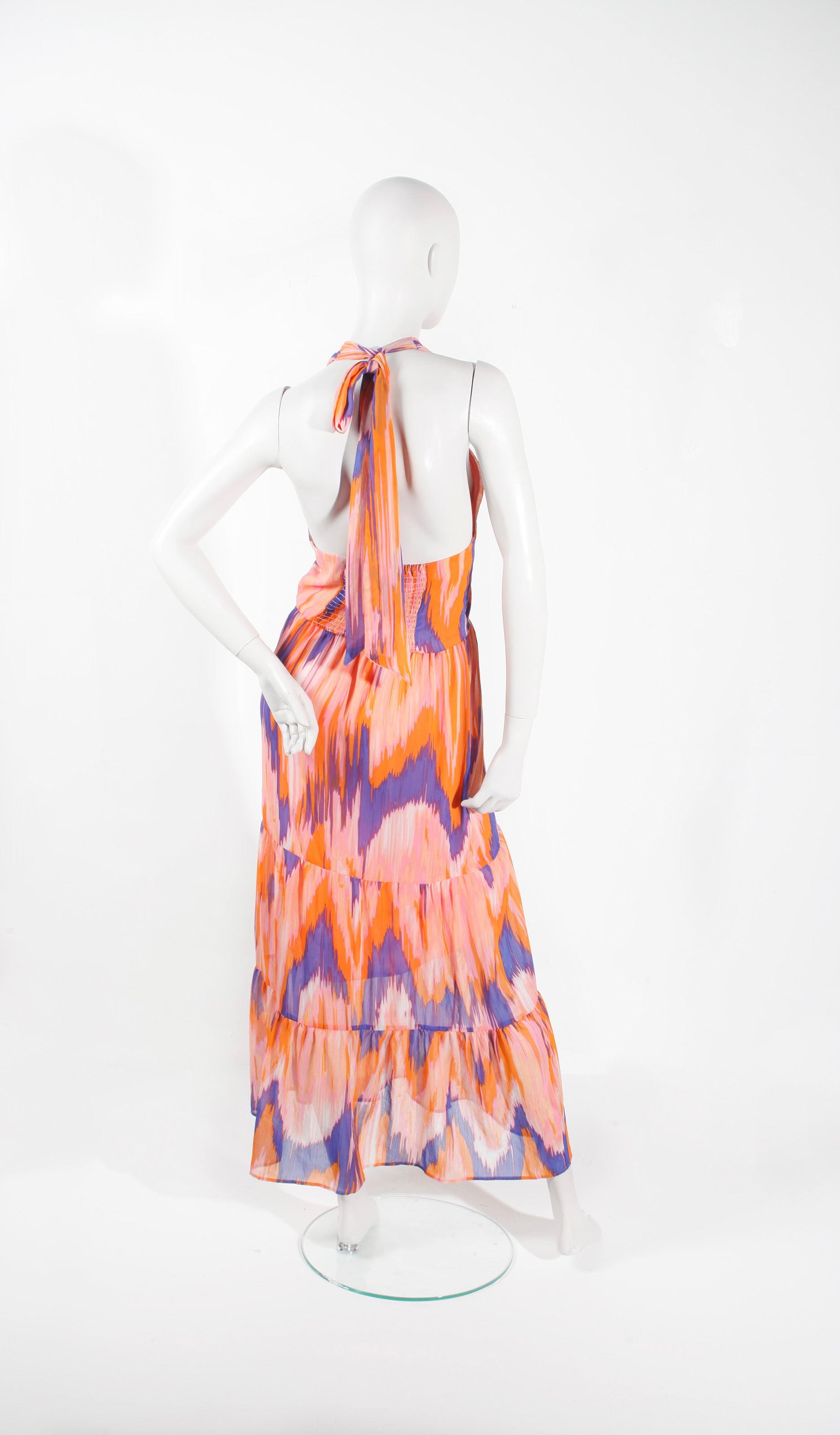 Halterneck Pink Orange Print Dress (Small)