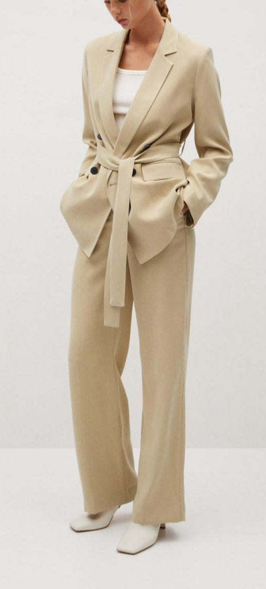 Women's Beige Tie-Waist Trouser Suit