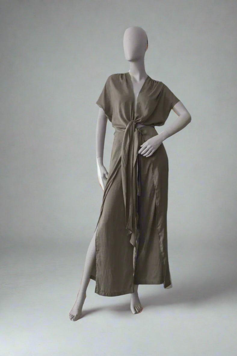 Khaki green tie top and pants set