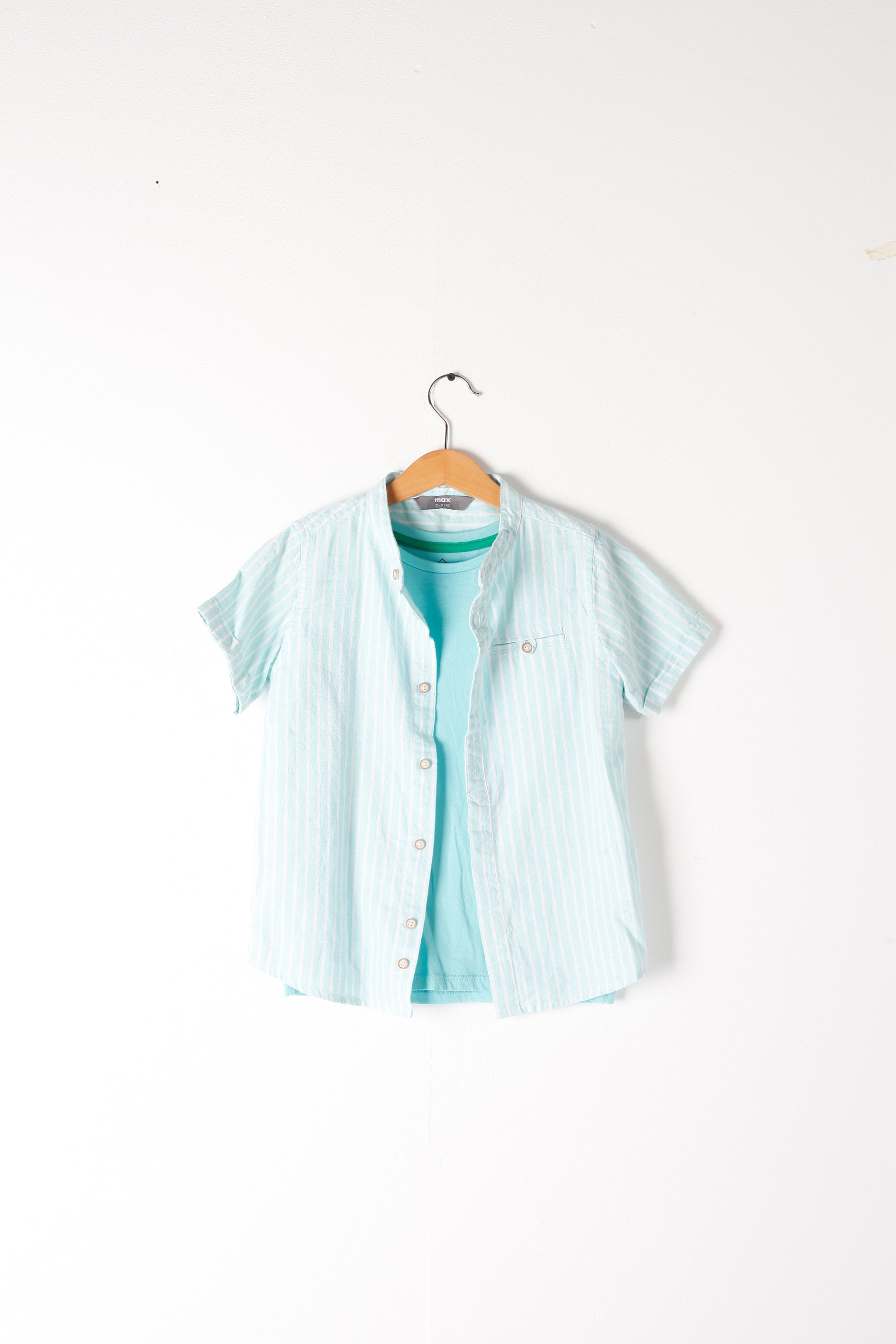 Boys Short Sleeve Turquoise & White Striped Shirt