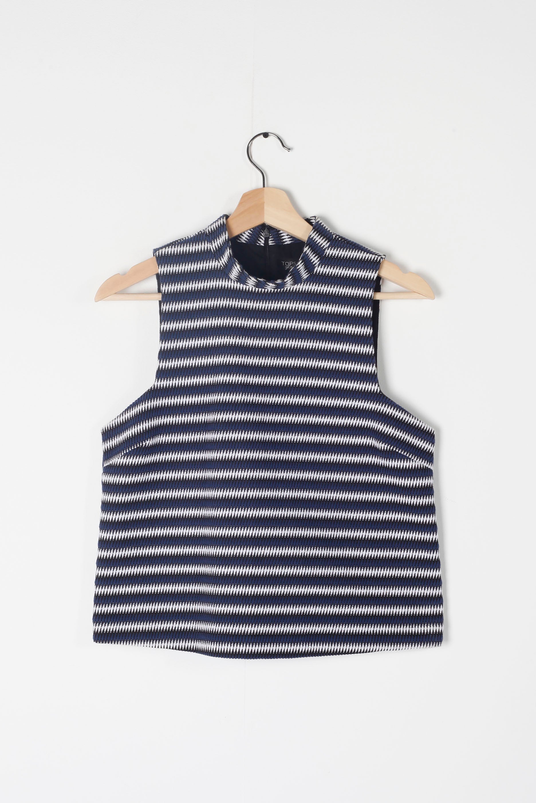 Blue and White High-Neck Knit Vest
