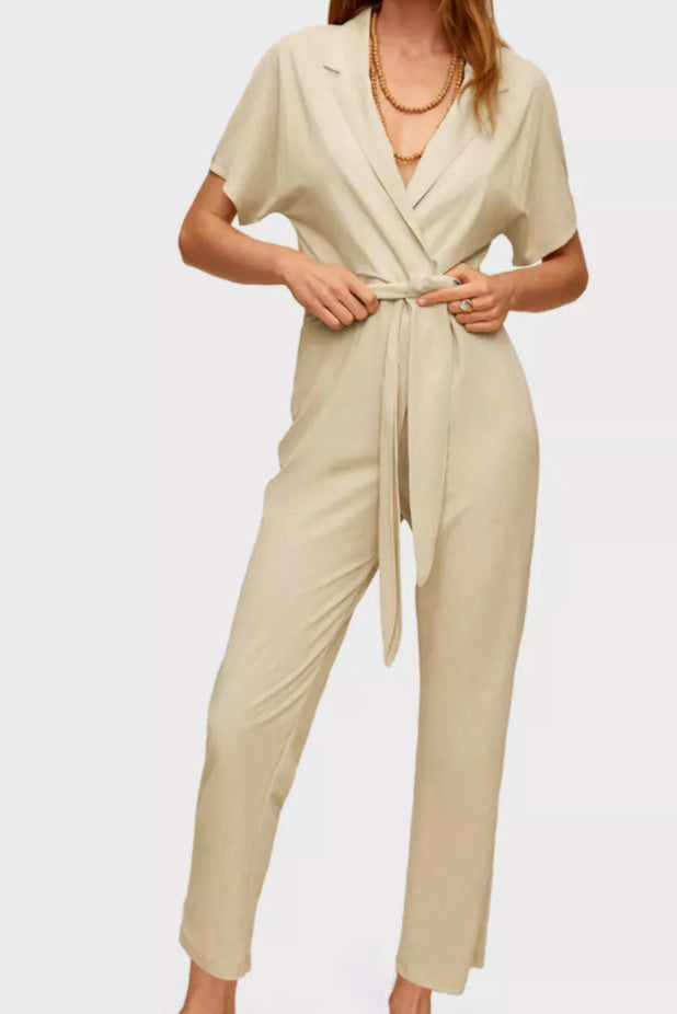 Beige Cotton Tie-Waist Jumpsuit