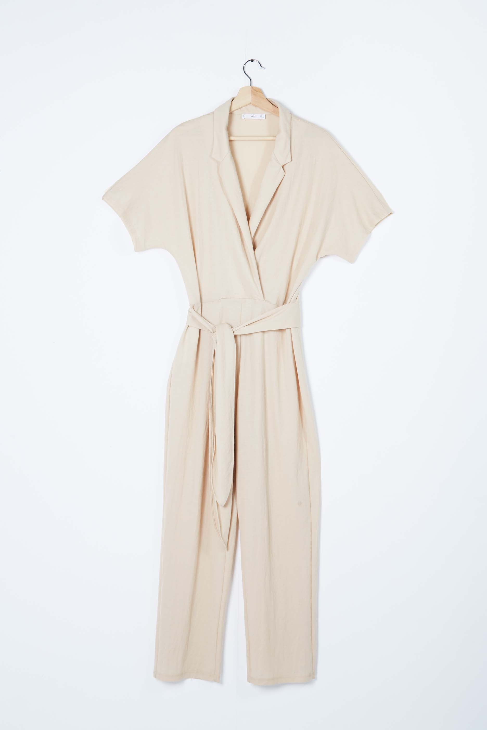 Beige Cotton Tie-Waist Jumpsuit