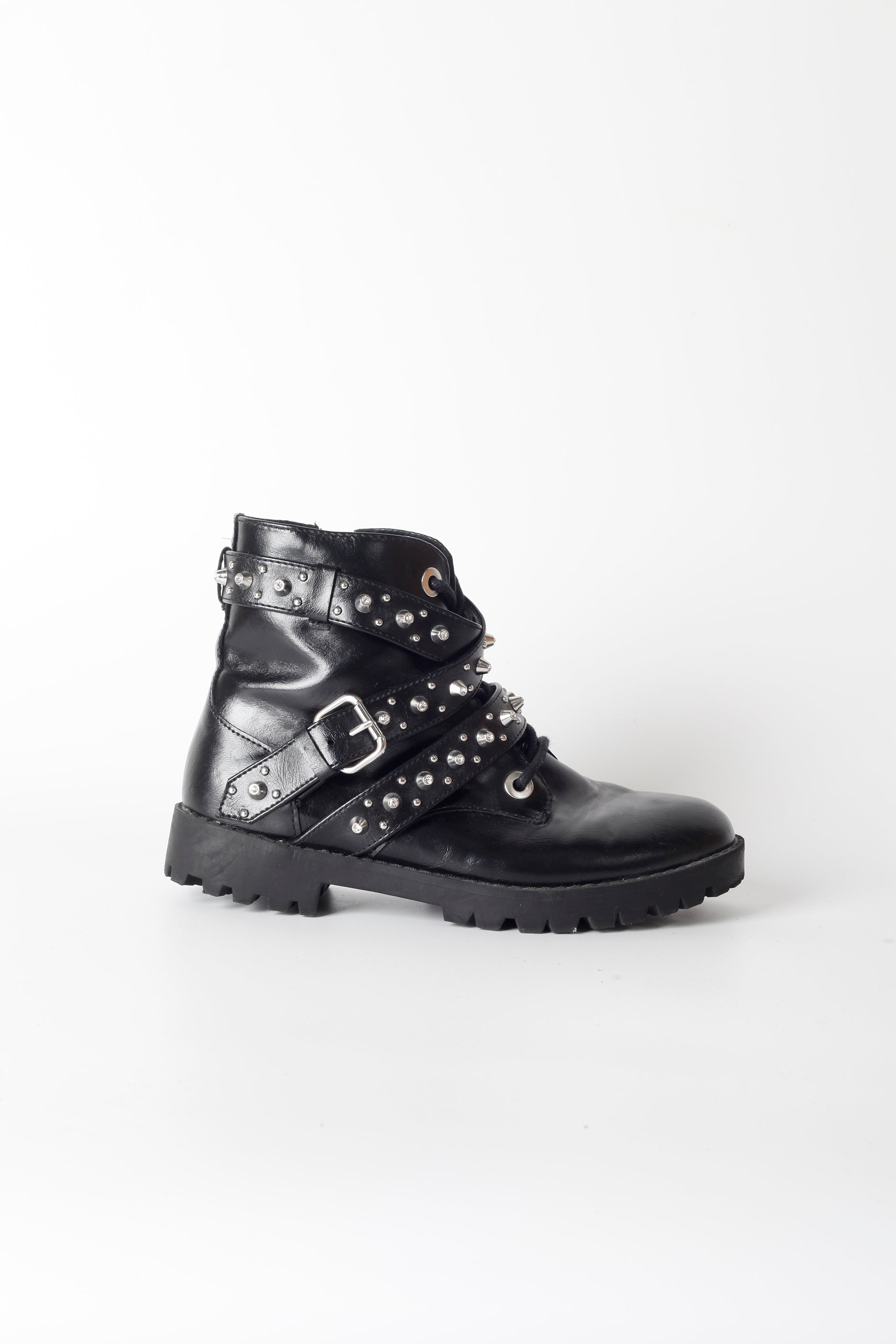 Girls Black Biker Boots with Silver Studs