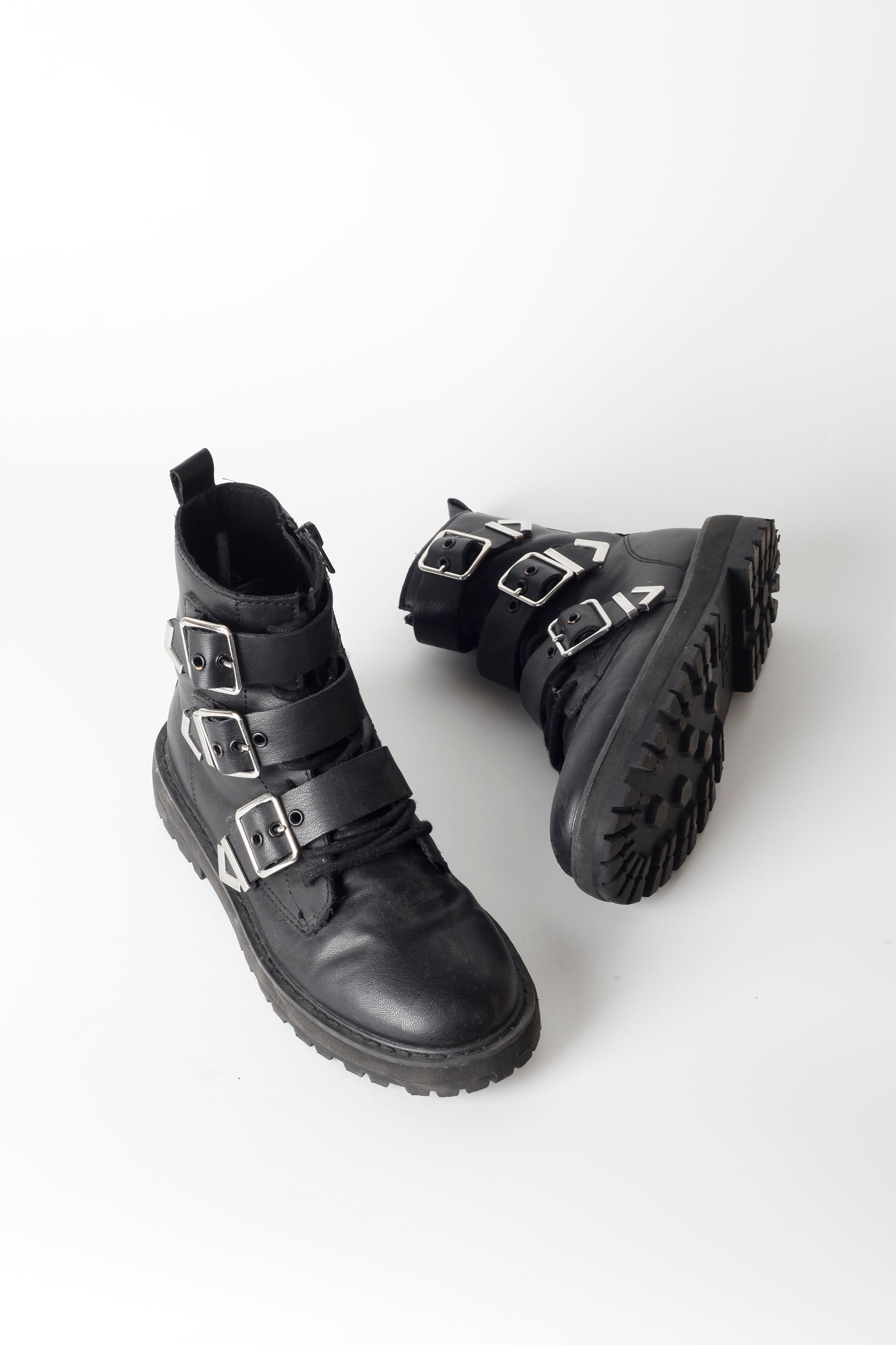 Girls Black Leather Biker Boots with Silver Buckles