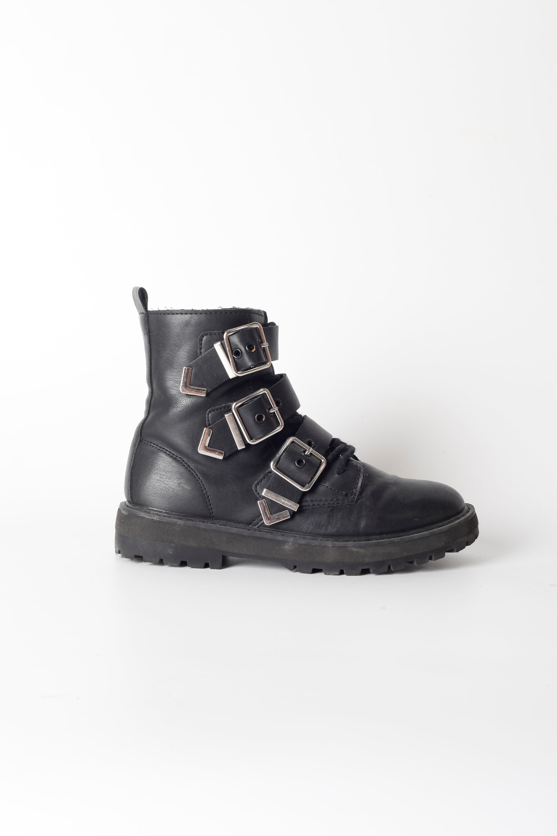 Girls Black Leather Biker Boots with Silver Buckles