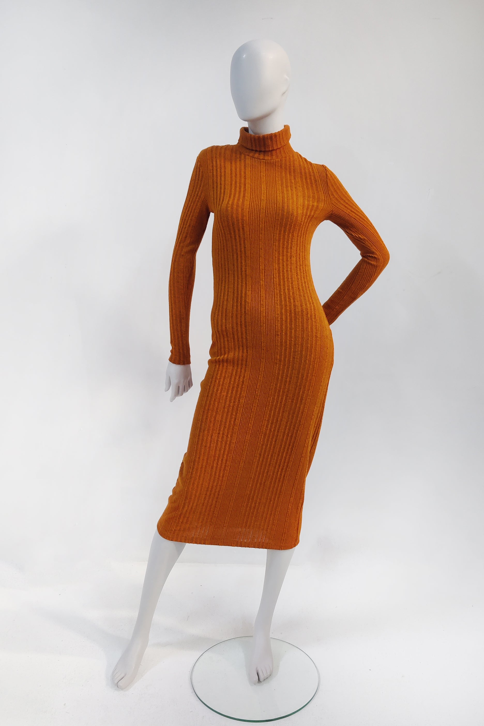 Long Orange Ribbed Rollneck Dress (Small)