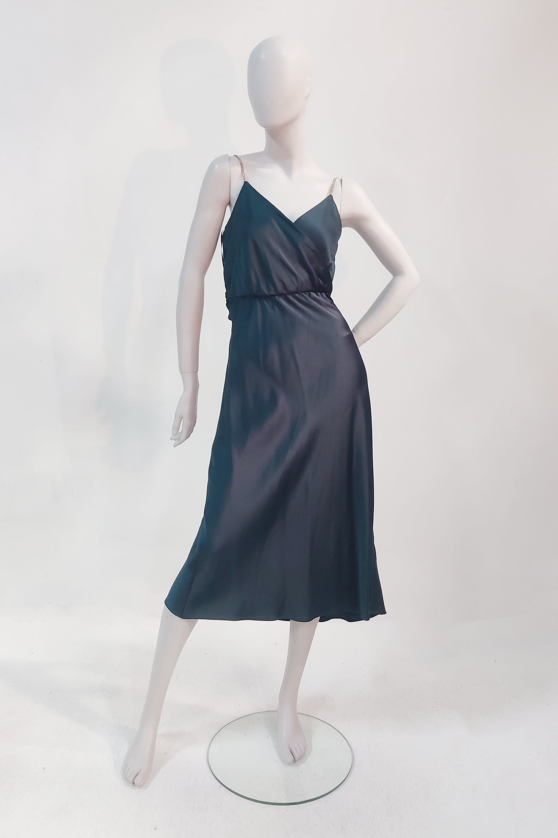 Teal Blue Satin Dress with Diamante Straps (Eu38)
