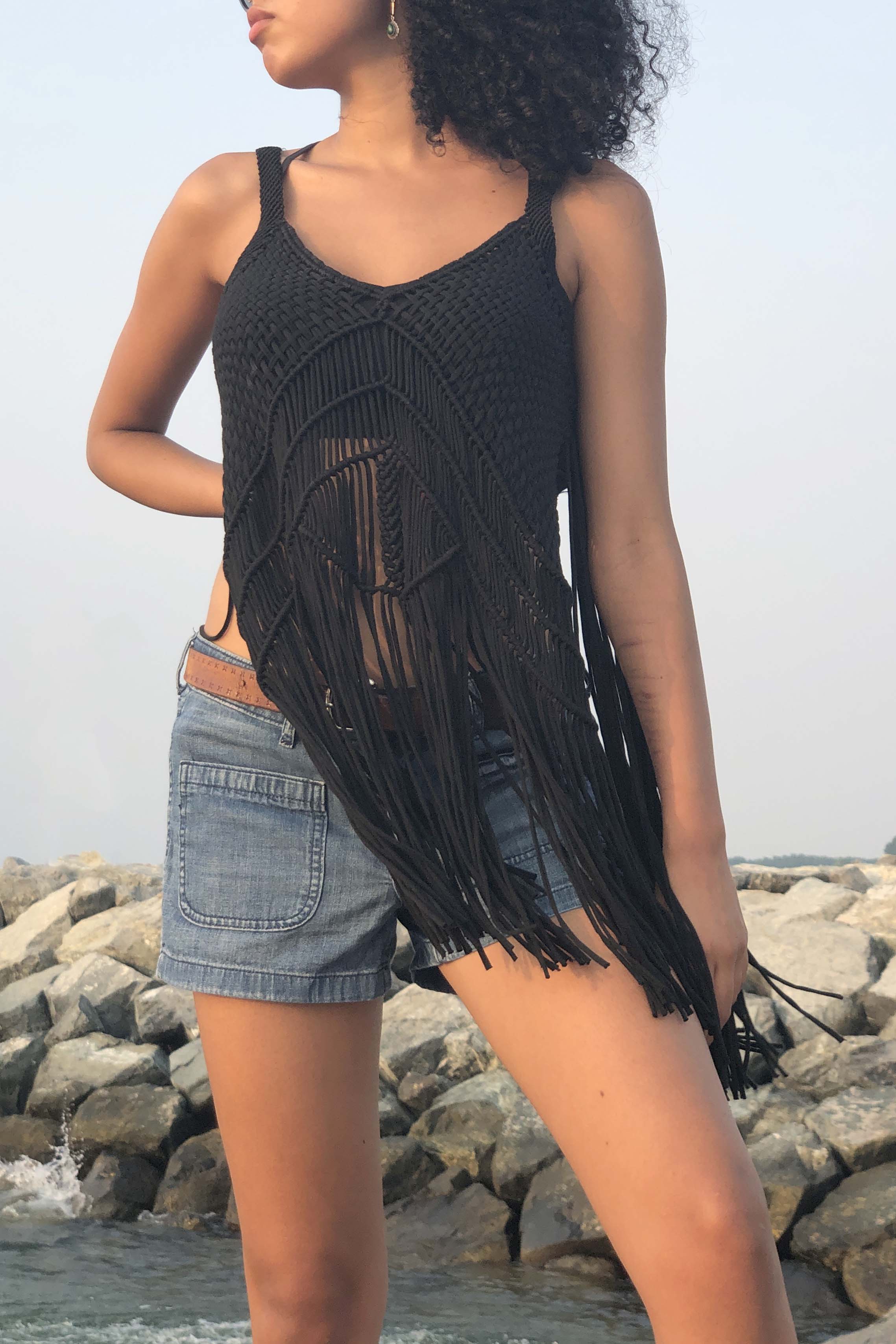 Black Macrame Top with Fringe