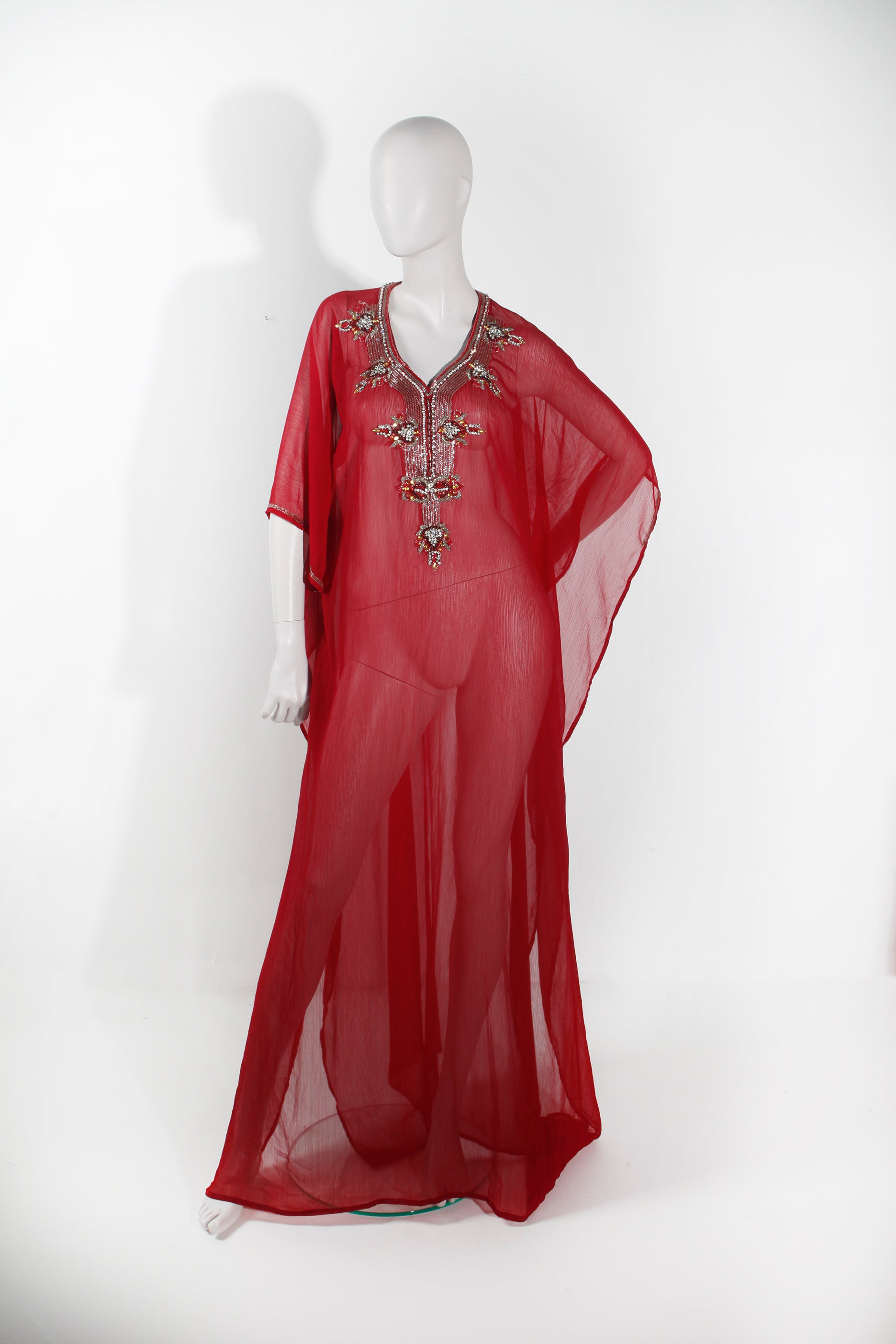 Red Chiffon Embroidered Kaftan