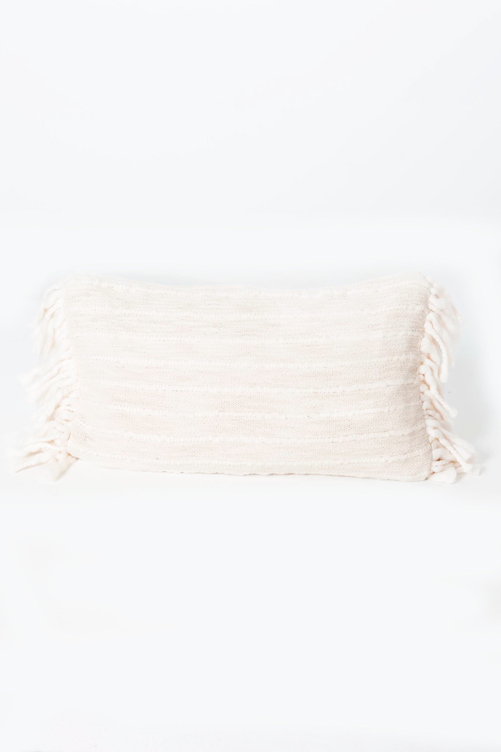 Beige Lumbar Cushion with Fringe Details