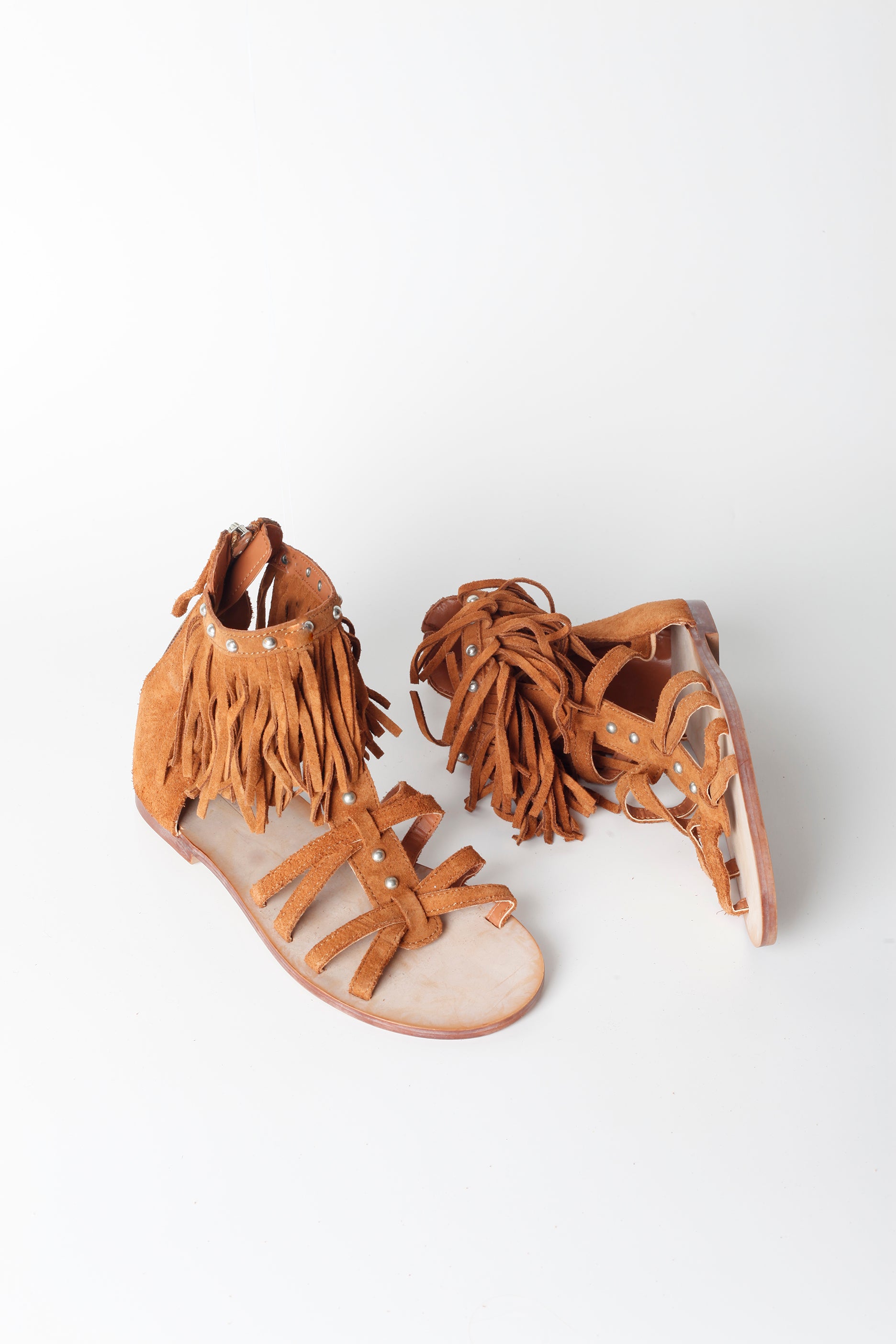 Brown Suede Gladiator Sandals with Fringe