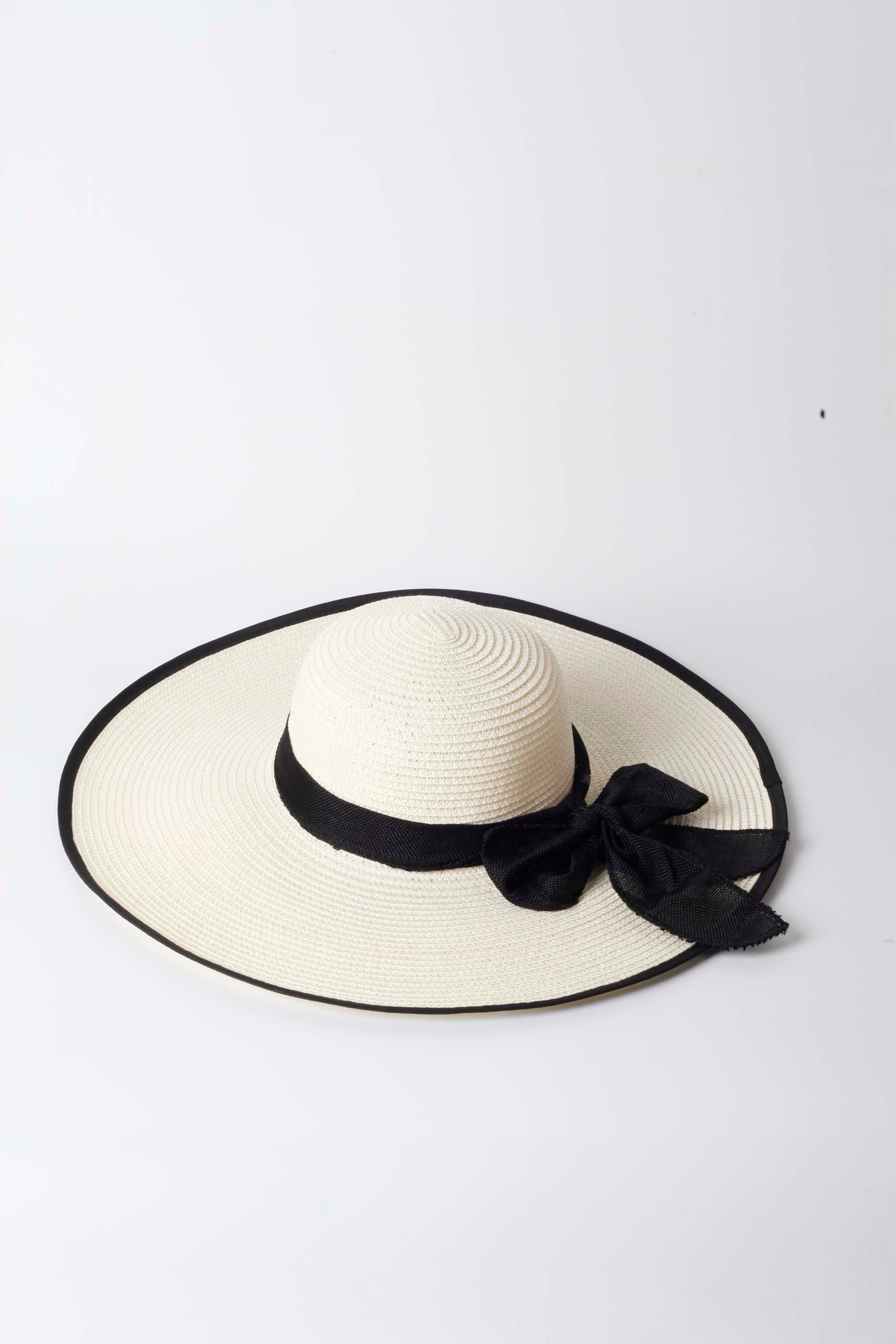 White Straw Hat with Black Ribbon