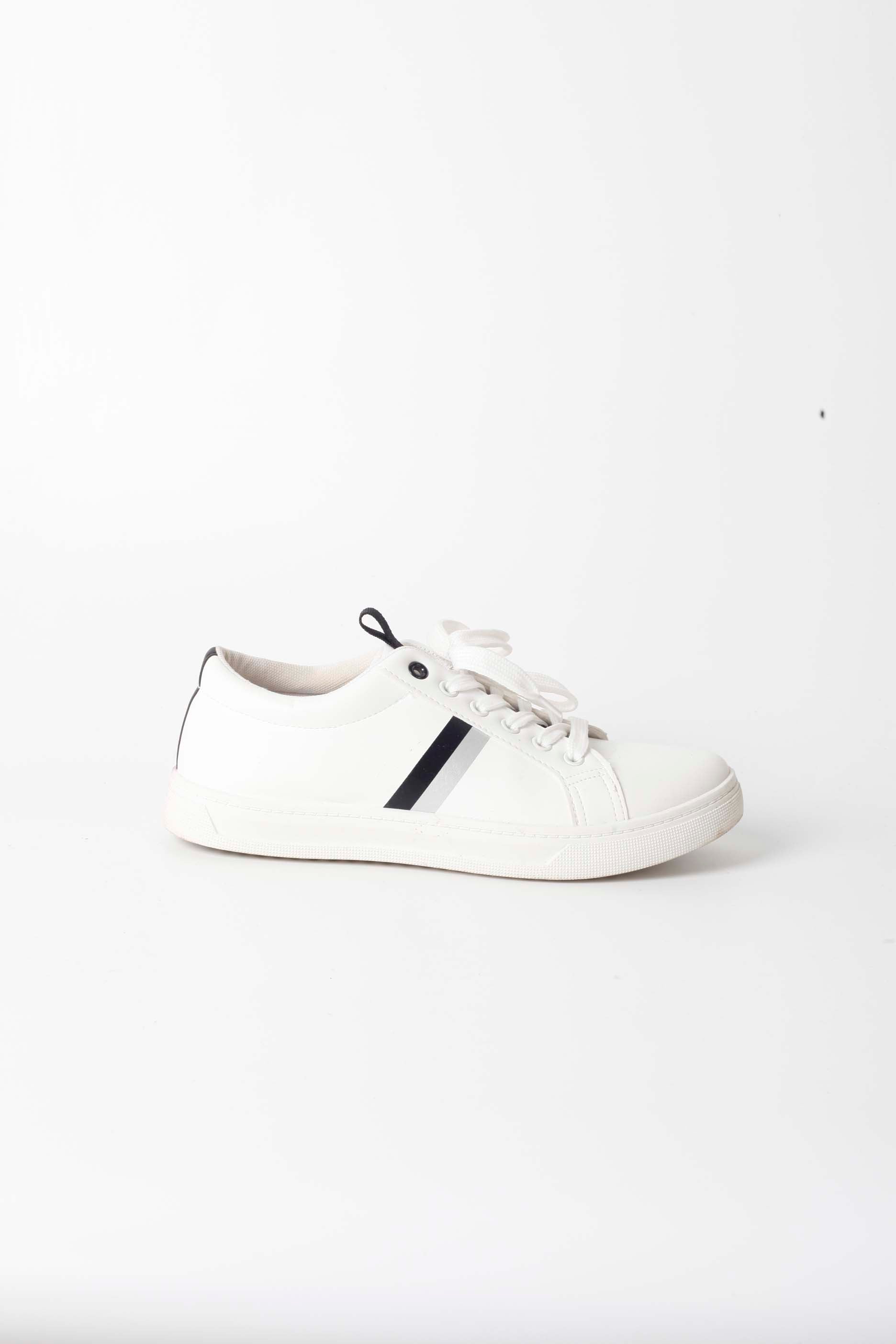 White Sneakers with Black Silver Stripes