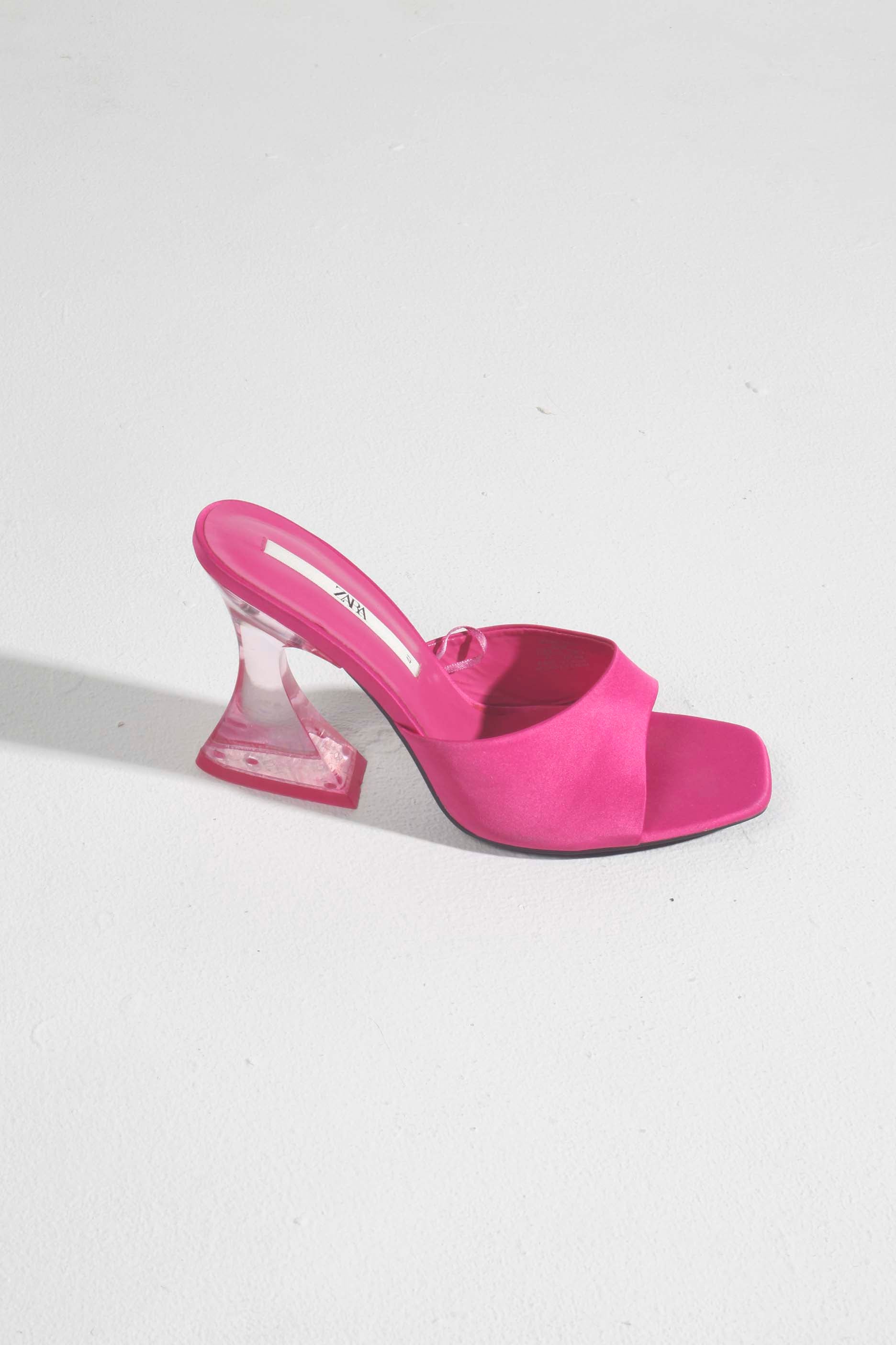 Pink Satin Mules with Perspex Heel