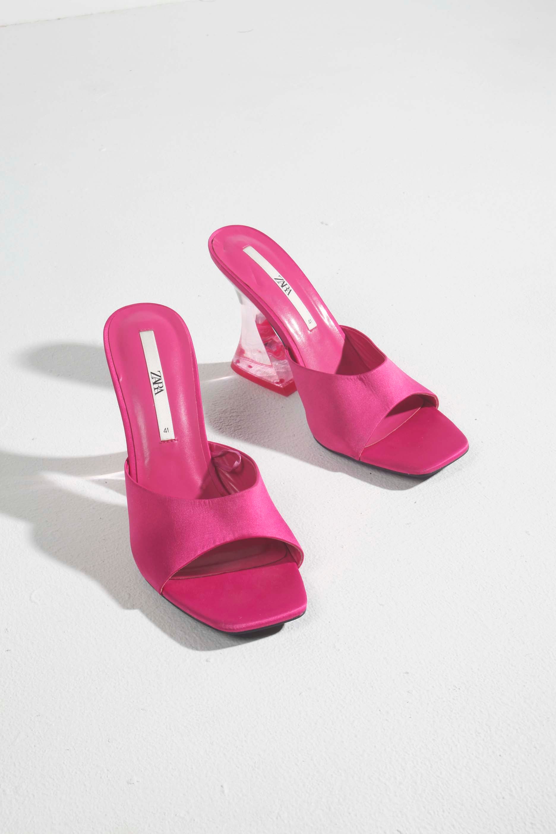 Pink Satin Mules with Perspex Heel