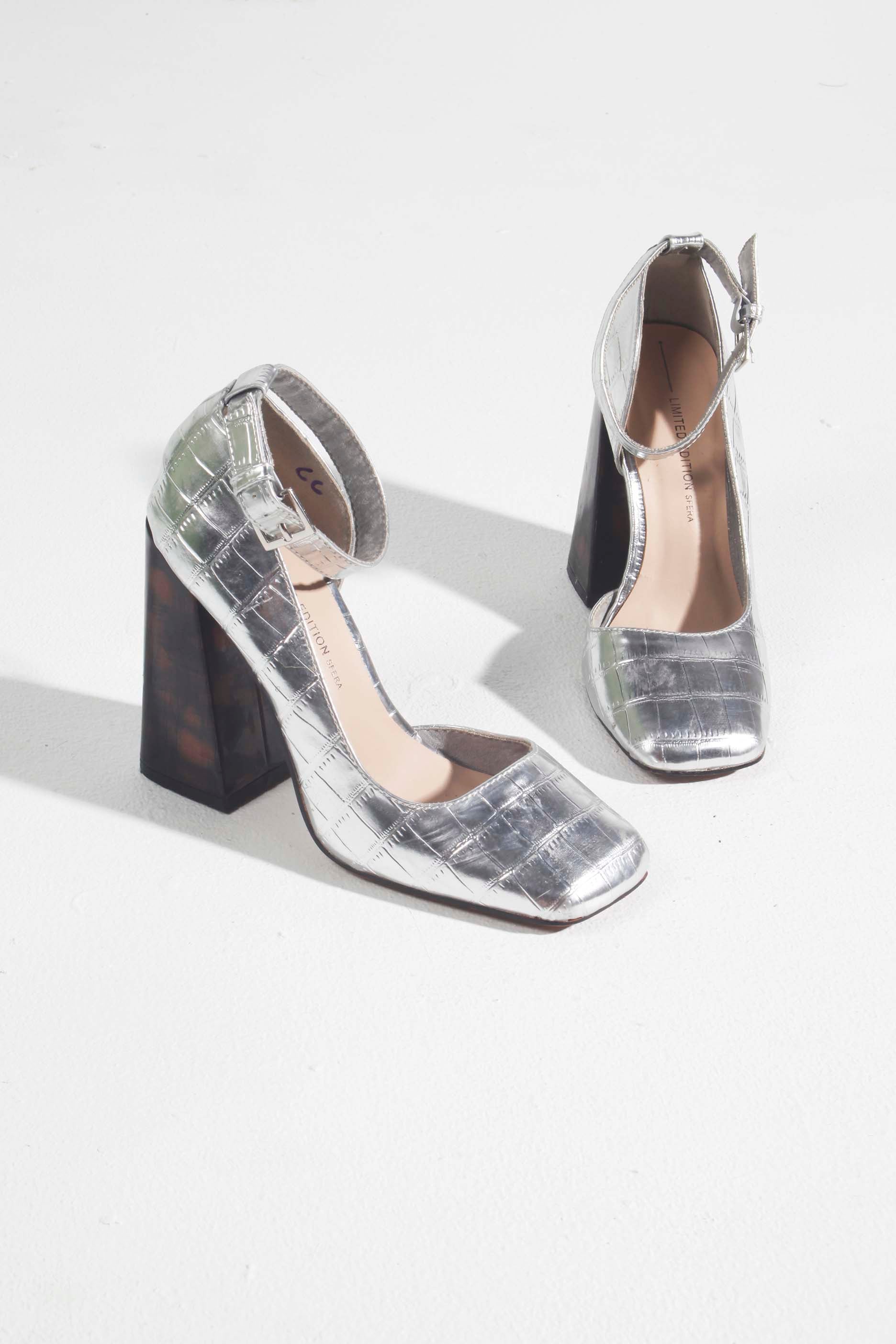 Silver Mock-Croc Platform Heels